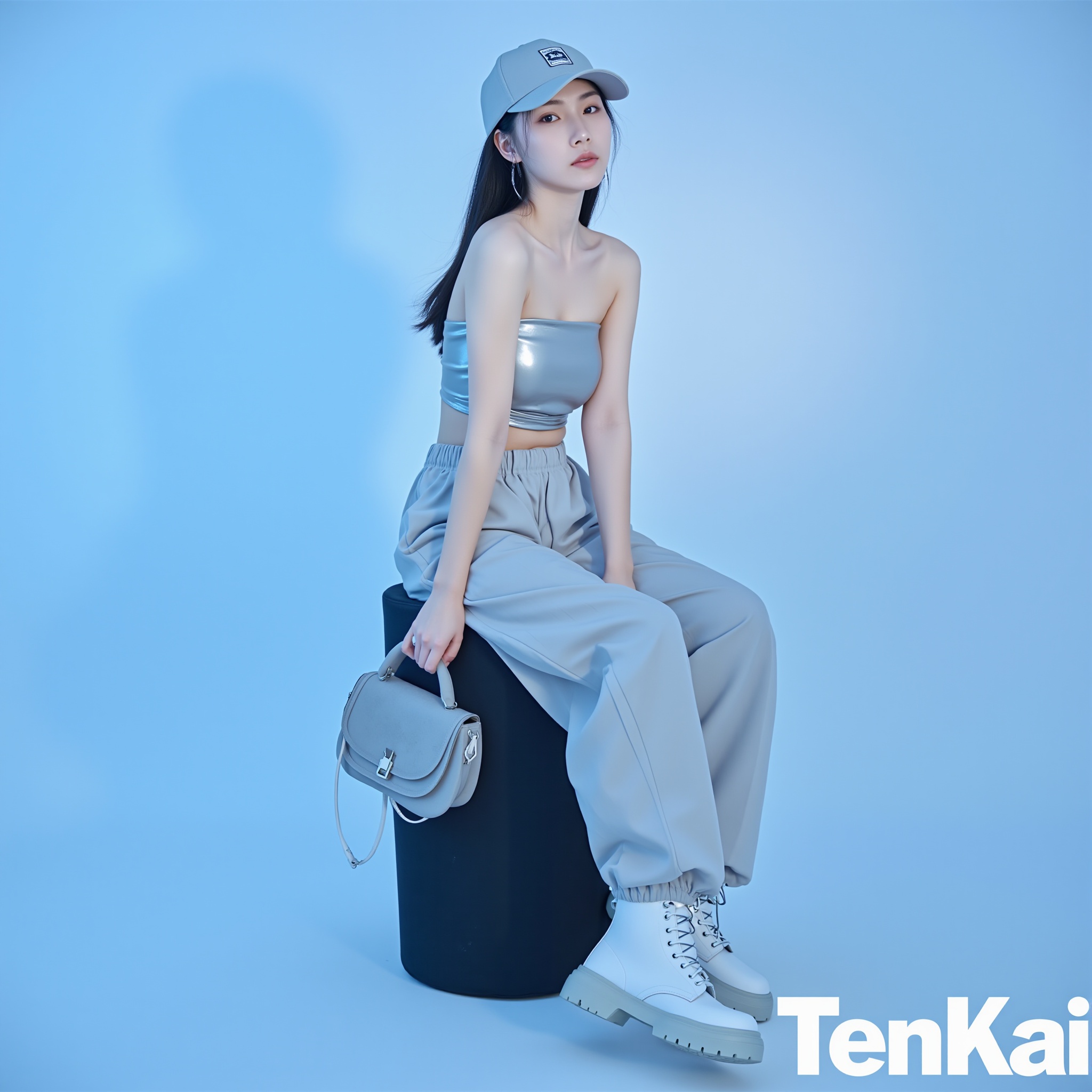 The image is a high-resolution photograph featuring a young East Asian woman with long, straight black hair. She is seated on a black, cushioned stool against a gradient blue background that transitions from a light blue at the top to a darker blue at the bottom. Her expression is neutral, with a slight hint of seriousness.She is wearing a light gray, strapless crop top that accentuates her slender physique. The top is made of a shiny, metallic fabric that reflects light subtly. Her loose-fitting, high-waisted pants are also light gray, made of a slightly crinkled material that gives a casual, sporty look. She is wearing a matching light gray baseball cap with a small logo on the front.Her footwear consists of chunky, white rubber boots with a textured ****, adding to the sporty, casual vibe. In her right hand, she holds a small, gray crossbody bag with a distressed, vintage-style pattern, which complements her overall look.The photograph is styled in a minimalist, high-fashion aesthetic with a focus on monochromatic tones and textures. The image is accompanied by the "TenKai" logo in large, bold white text at the bottom right corner, indicating the source of the publication.,<lora:光影人像v2.0:0.8>