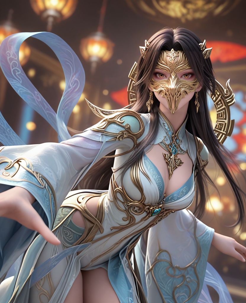 (oriental architecture, elegant decor, sophisticated style:1.1),Leaning forward with a hand extended, fingers reaching towards an unseen object, she portrays curiosity and desire,(breasts:1.2),<lora:XL16完美世界狠人大帝:0.95>,miss henren,white high-slit corset gown,brown eyes,black hair,very long hair,long front strands,earrings,jewelry,wide flowing sleeves,hagoromo,bronze mask,, zPDXL2, score_9, score_8_up, score_7_up BREAK realistic, masterpiece,best quality, highly detailed,, zPDXL3, zPDXL2,zPDXL, zPDXLxxx, zPDXLrl,