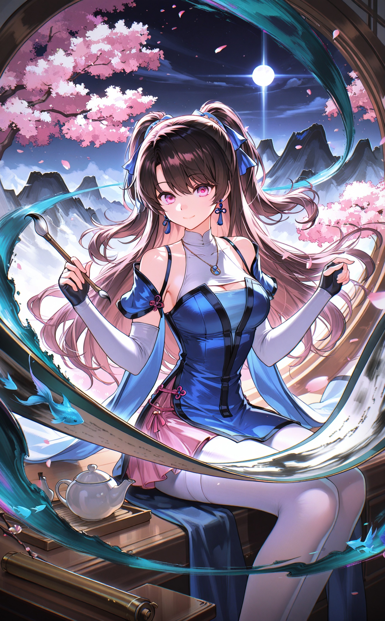masterpiece,absurdres,best quality,high quality,chromatic_aberration,night,darkness,black theme,photorealistic,high contrast,high saturation//,1girl, sitting, long hair, solo, jewelry, cherry blossoms, mountain, dress, paintbrush, earrings, holding brush, holding, petals, blue dress, brown hair, teapot, smile, necklace, thighhighs, falling petals, teacup, gloves, bare shoulders, closed mouth, holding paintbrush, breasts, tree, cup, detached sleeves, twintails, fingerless gloves, clothing cutout, painting (action), white thighhighs, two side up, black hair, feet out of frame, white pantyhose, scroll, purple eyes, elbow gloves, calligraphy brush, chinese clothes, pantyhose, branch, sky, fish, water, bag, medium breasts, pink eyes <lora:Alicia 203.1up1344-000032:0.8>