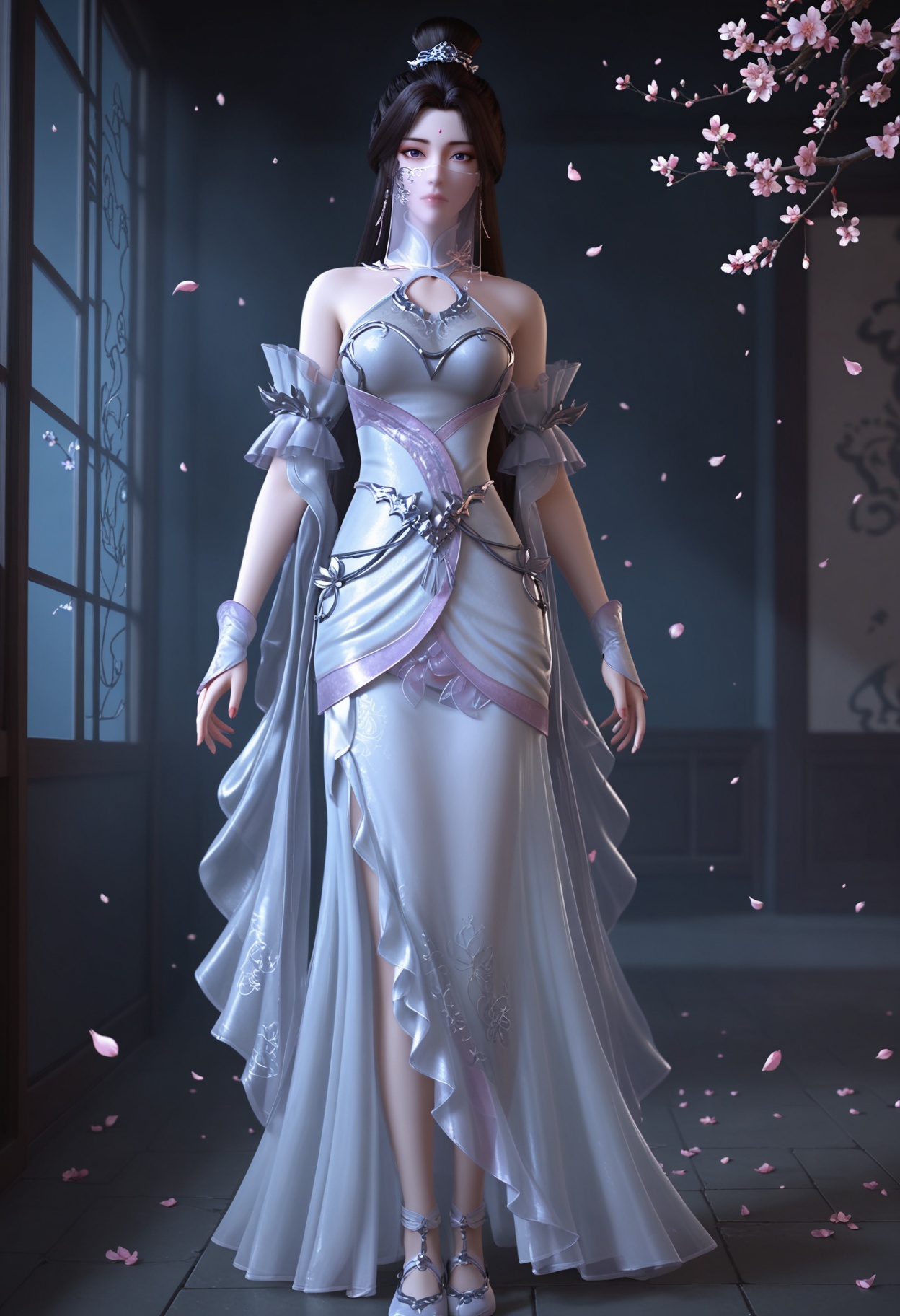 (standing full_body:1.1),(looking at viewer:1.1),masterpiece,(best quality),smog,Dark room,dim lighting,peach blossom,falling petals,<lora:YQ_Illustrious光辉v5_月婵2.0_V2:0.8>,q1528437228,1girl,solo,long hair,white dress,jewelry,earrings,forehead mark,black hair,brown hair,hair ornament,hair bun,mouth veil,detached sleeves,single hair bun,purple eyes,breasts,expressionless,shoes,see-through,