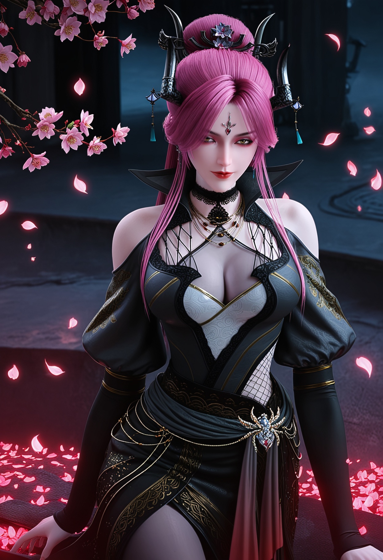 (upper_body:1.2),looking at viewer:1.1,masterpiece,(best quality),(mutated_hands:-1.2),(bad hands:-1.2),smog,Dark room,dim lighting,peach blossom,falling petals,<lora:YQ_Illustrious光辉v5_曼罗_V1:0.9>,q1528437228,1girl,solo,long hair,pink hair,jewelry,horns,hair ornament,earrings,choker,dress,makeup,necklace,red lips,red hair,purple hair,black dress,forehead mark,black high heels,yellow eyes,high collar,black choker,brown eyes,pantyhose,hair bun,black pantyhose,hair over one eye,long sleeves,puffy sleeves,eyeshadow,