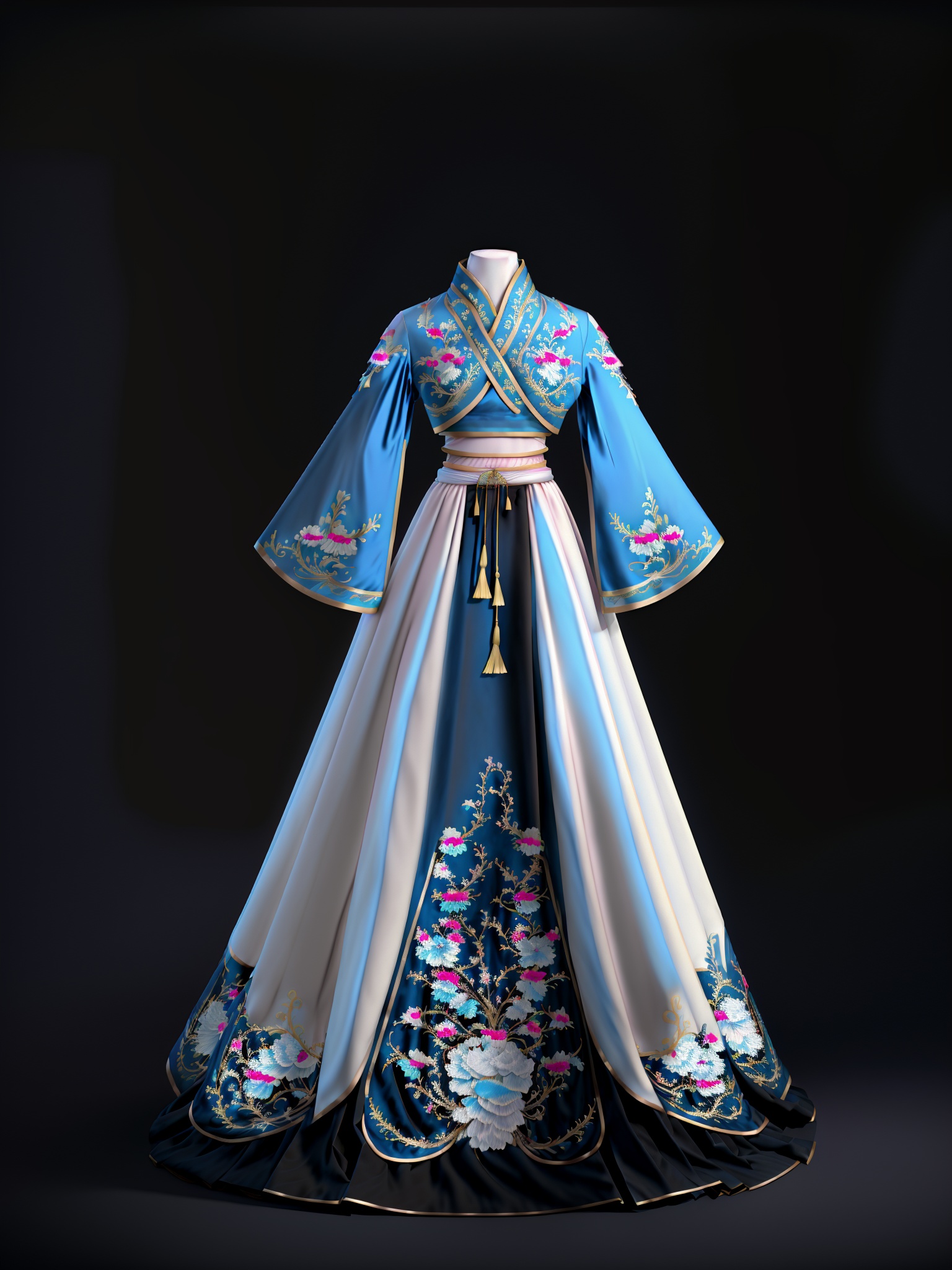 <lora:Nhanfu:1>,flashy costumes,v-neckline,blue long sleeves,embroidered with light pink patterns,long light yellow woven waistband,blue waist decoration,clothes mainly in white and blue tones,with a length of pleated style,black background,