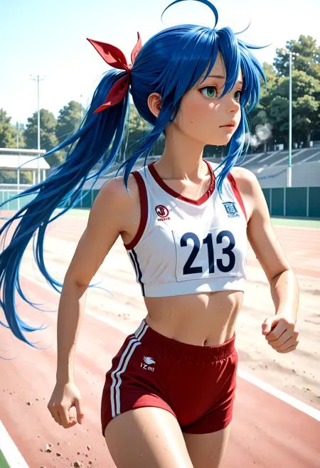 1girl, izumi konata, ponytail, hair ribbon, sportswear, running track, sweat, wind, heavy breathing, cowboy shot,, ZSA_IL_RL_POS