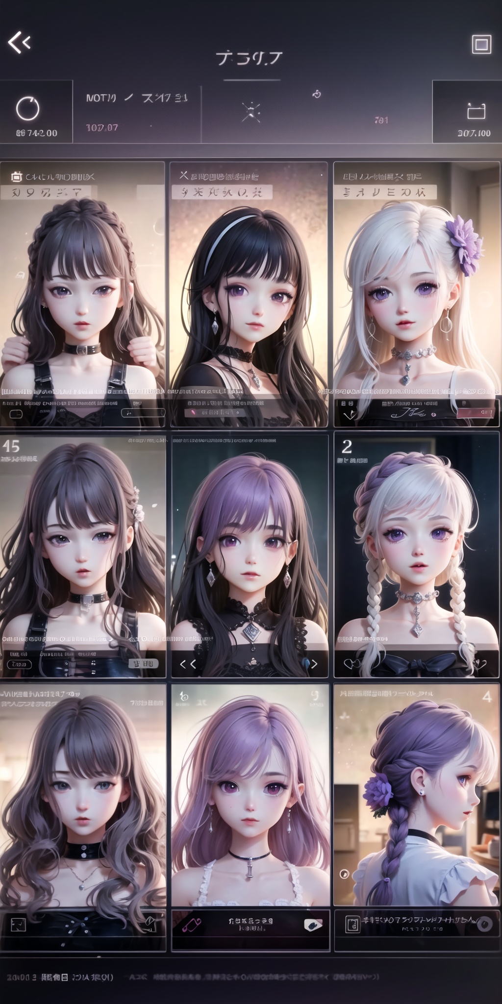 Game interface,Game mechanics,4+game feature icons,Card deck,each card row has corresponding text information and numbers,labels,dress,long hair,3+girls,black hair,blonde hair,braid,white dress,holding,mirror,long sleeves,hair ornament,jewelry,earrings,Indoor,Fantastic scenes,(((High quality))),8k,masterpiece,moody lighting,day,Purple Theme,Shining,Stars,Women Towards,button,tab,((logo)),<lora:huanqing_yinvyouxi:0.8>,