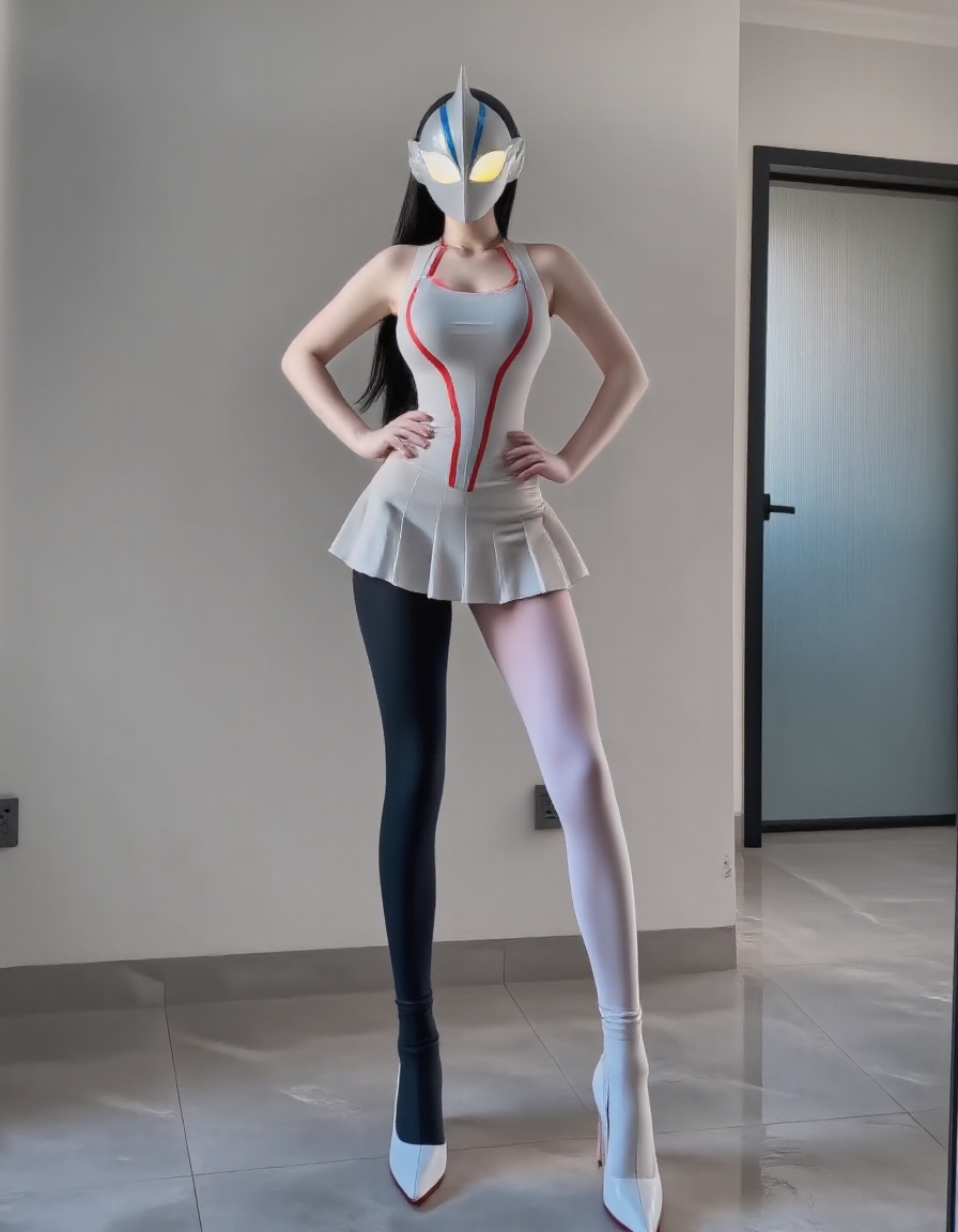 Ultraman,he wears an Ultraman pink mask,her full chest and elegant figure,her eyes sparkling with white light,This is a photo of a young woman standing in a minimalist room with beige walls and a large mirror on the right. Her long and straight black hair draped over her shoulders. This top is paired with a short and pleated skirt,which slightly opens up to expose her legs. Her left leg was wearing black transparent leggings,while her right leg was wearing a white transparent bodysuit,creating a sharp contrast. She was wearing white pointed high heels on her left foot and black pointed high heels on her right foot,adding height to her slim figure. The room has a modern and clean aesthetic. The overall composition emphasizes the contrast between a woman's figure and her legs,creating a visually striking and somewhat avant-garde appearance.,A photo of an Asian woman with short black hair,huge sagging breasts,and a slim physique,<lora:奥特曼最终版:1>,<lora:手机遮脸秀身材:1>,