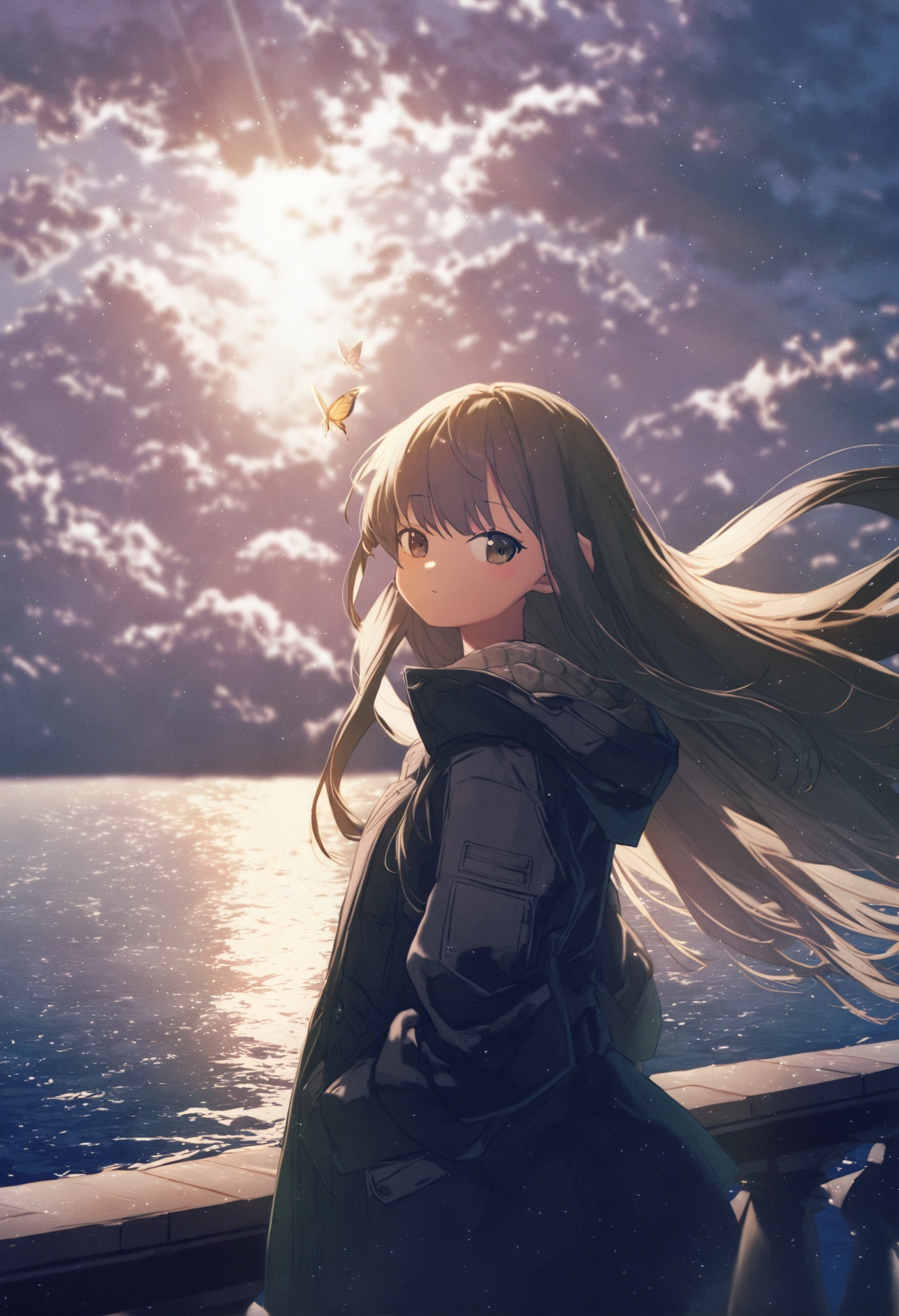 masterpiece, best quality,1girl, solo, looking at viewer, long hair, bangs, closed mouth, jacket, upper body, cloud, sky, outdoors, cloudy sky, light rays, fantasy, water, sunlight, light particles, building, bug, standing, butterfly, animal, solo , <lora:potgXLlokr4f-000143:1>