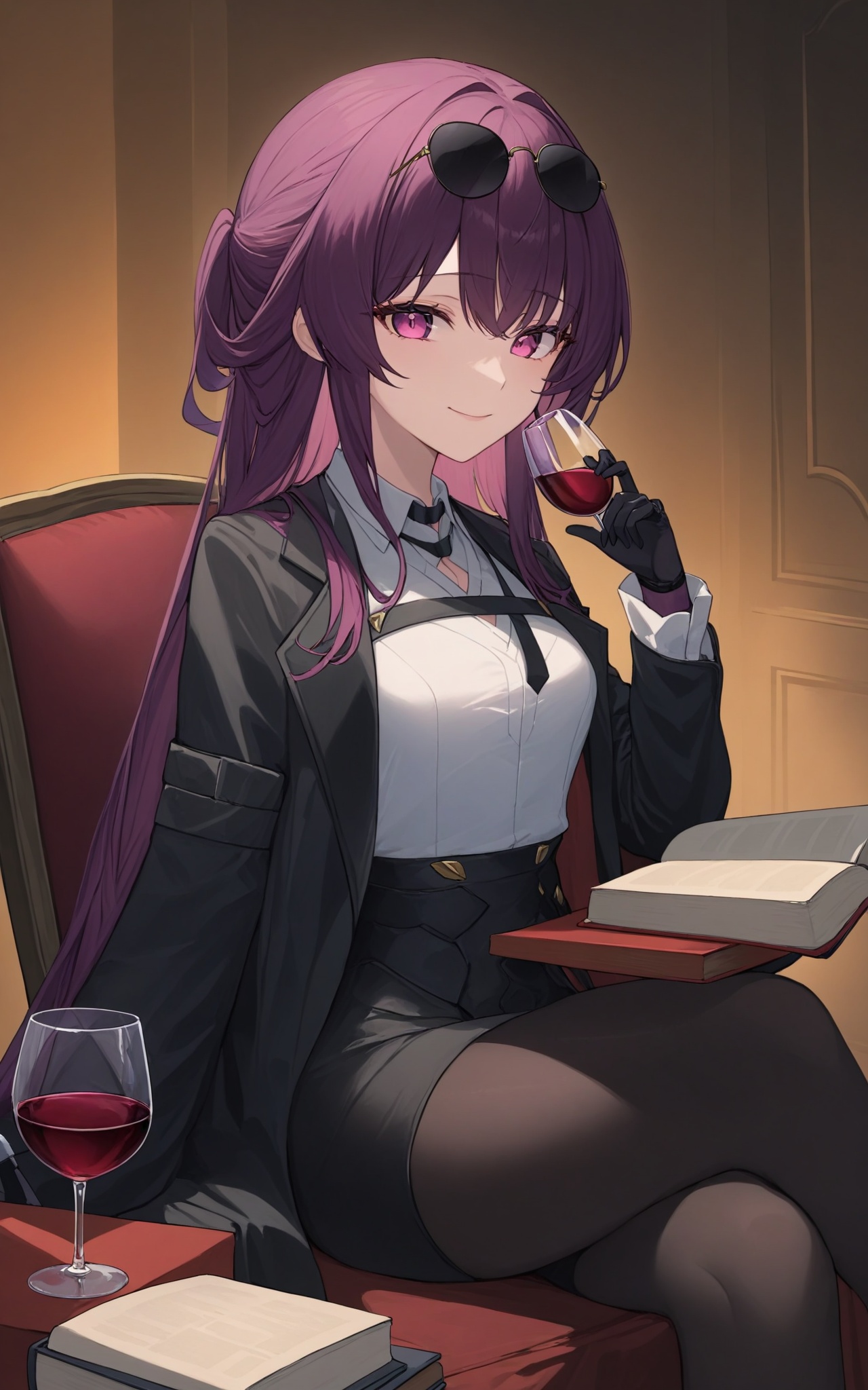 eyewear_on_head,1girl,solo,chair,gloves,wine_glass,smile,cup,long_sleeves,wine,shirt,drinking_glass,book,holding,reading,jacket,sunglasses,alcohol,purple_hair,closed_mouth,purple_eyes,white_shirt,sitting,black_jacket,black_necktie,bangs,necktie,open_book,pink_eyes,long_hair,border,black_gloves,absurdres,<lora:kafka:1:lbw=outall>,(vivid color,hdr:1.2),, 1girl,,  (masterpiece,best quality:1.2),absurdres