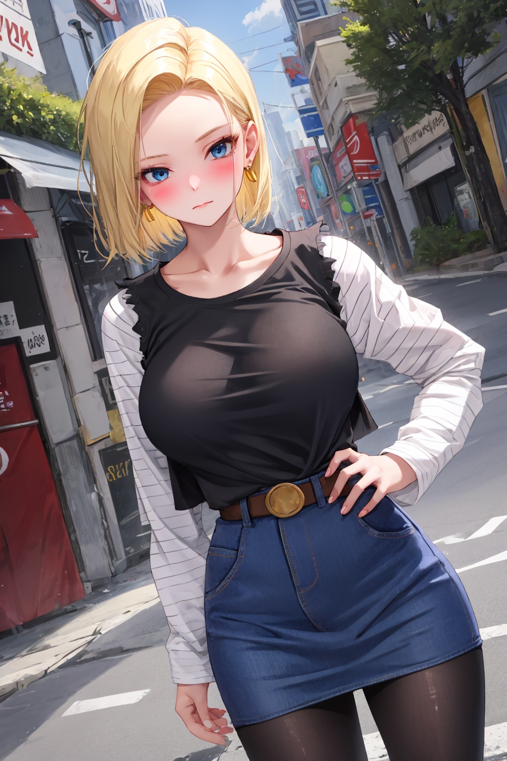 1girl,android 18,breasts,skirt,solo,outdoors,blonde hair,denim,blue eyes,large breasts,pantyhose,looking at viewer,long sleeves,jewelry,shirt,day,earrings,denim skirt,blush,collarbone,short hair,black shirt,road,street,denim jacket,striped shirt,black pantyhose,striped,bangs,closed mouth,parted bangs,open clothes,cowboy shot,forehead,blue skirt,jacket,standing,high-waist skirt,vest,dutch angle,striped sleeves,taut clothes,building,shirt tucked in,taut shirt,<lora:android18-lora-nochekaiser:1>,<lora:android_18_v110:0.4>,