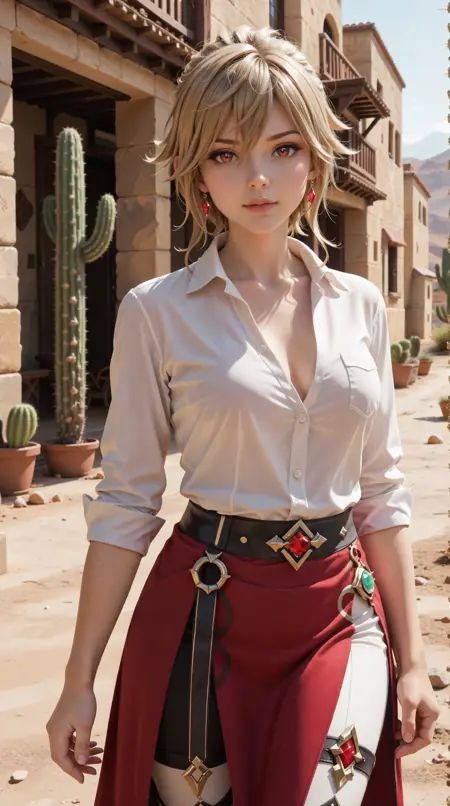A professional sexy  photo of a  ***** woman, with ash blonde hair  and a Butterfly Layers hairstyle, , roseria from Genshin Impact,  hair, Genshin Impact setting, , cactus-lined desert trail with a weathered sign, detailed background