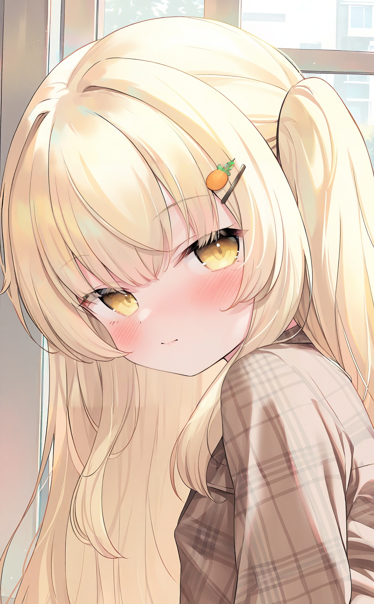 masterpiece,highres,absurdres,newest,best quality,loli,petite,high quality,chromatic_aberration,//,1girl,food-themed_hair_ornament,hair_ornament,blush,solo,long_hair,window,shirt,looking_at_viewer,yellow_eyes,brown_shirt,hairclip,indoors,one_side_up,closed_mouth,blonde_hair,looking_to_the_side,plaid,plaid_shirt,portrait,upper_body,//,<lora:guizhencao2——【noob】hans-000008:1>,