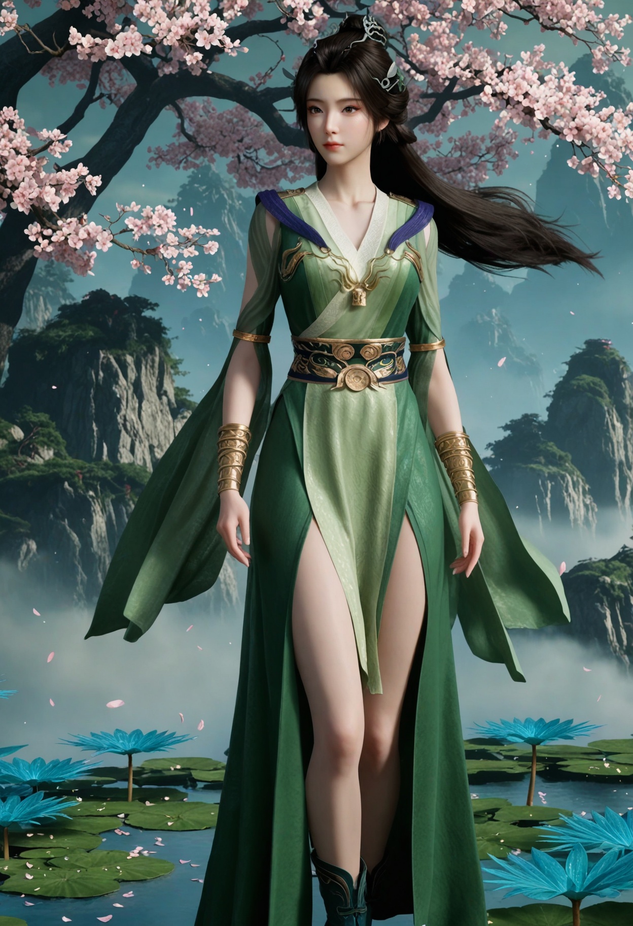 (looking at viewer:1.1),(moody lighting:1.1),peach blossom,falling petals,(large breasts:0.8),hanyunzhi,1girl,solo,black hair,long hair,hair ornament,green dress,realistic,dress,closed mouth,jewelry,bracelet,chinese clothes,sash,brown eyes,hair bun,boots BREAK masterpiece,best quality,(intricate details:0.9),(realistic skin:1.2),<lora:QQSillhanyunzhiV1:0.8>,
