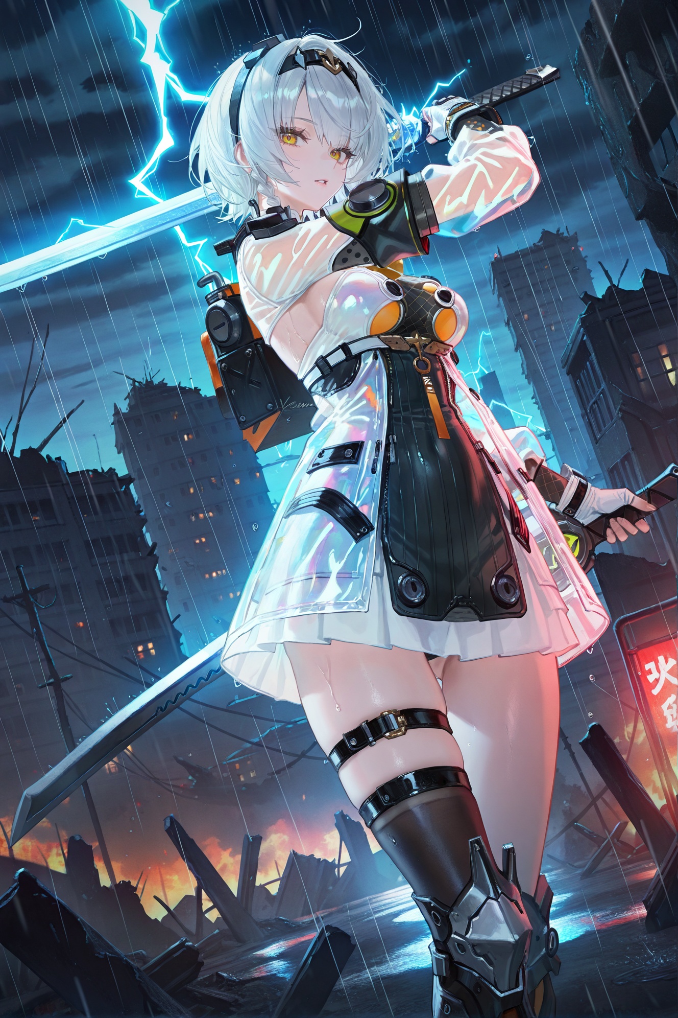 ((artist:betabeet)),artist:john_kafka,artist:nixeu,artist:quasarcake,((artist:reoen),(artist:fuzichoco),(artist:atdan),(artist:torino_aqua),year 2024:0.8),(by xilmo, by modare, by reoen:1.1),(hyperrealistic:1.1),(high_contrast:1.1),(holy_(\theme\):1.2),neon lights,night,battlefield,ruins,cityscape,cowboy shot,mechanical body,dynamic angle,rain,1girl,see-through holographic clothing,see-through raincoat,fighting stance,mecha musume,tsurime,fin funnels,pose,masterpiece,best quality,amazing quality,<lora:748cmSDXL:0.4>,<lora:anbinew-ill-Tanger-000013:0.9>,anby demara \(silver soldier\),clothes: silver soldier black and white short dress,silver soldier clothes,1girl,black knee boots,fingerless gloves,hairband,holding sword,dual wielding,sword with lightning,tantou,
