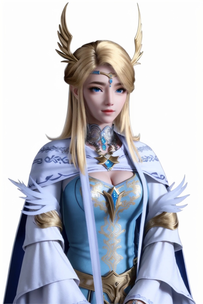 ((HRD, HUD, 8K)),((masterpiece, best quality)), highly detailed, soft light,1girl, solo, long hair, circlet, blonde hair, blue eyes, lips,jewelry, breasts, cleavage,dress, cape, simple background, white background, upper body, standing, looking at viewer,  <lora:20240408-1712537700209:0.73>