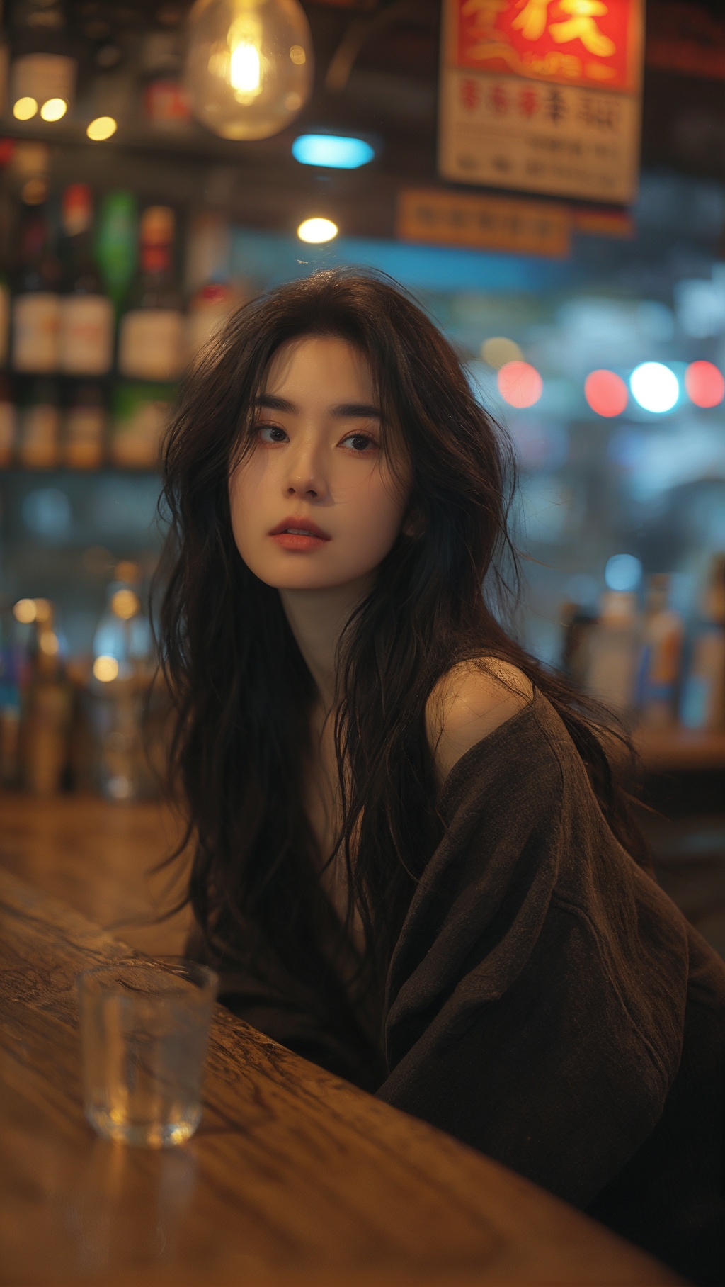 sdmai, fanhua, 1girl, solo, long hair, blurry, looking at viewer, brown eyes, brown hair, bottle, depth of field, parted lips, lips, cup, realistic, drinking glass <lora:SDMAI繁花肖像写真fanhua:0.8>