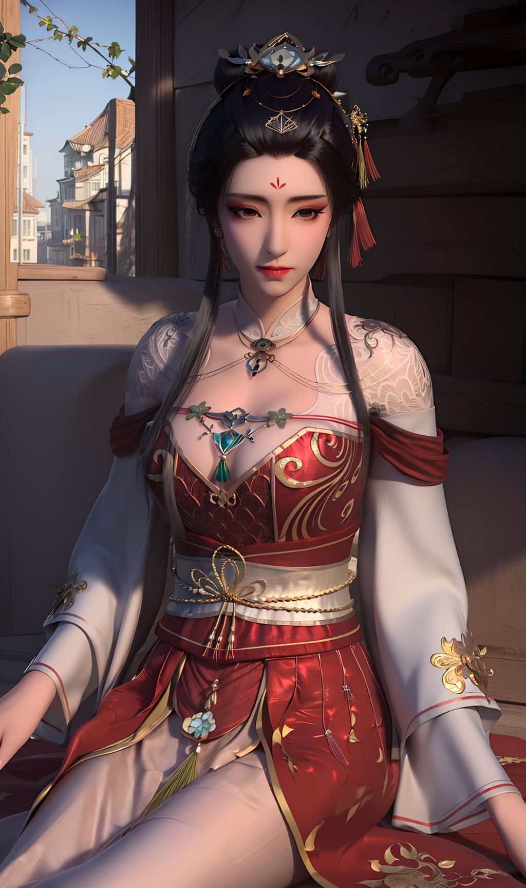 3D,masterpiece,(best quality),(makeup),official art, extremely detailed cg 8k wallpaper,((crystalstexture skin)), (extremely delicate and beautiful),(highly detailed),(face),(tiara),(tassel),(forehead_mark),(1girl), (solo), (jewelry), (earrings),(black_hair),(long_hair),(hair_ornament),(handwear),(breast),(sitting),((upper_body)),(dress),(long_skirt),(chinese_clothes),(multicolored_clothes),(multicolored_dress),(long_legs),,(shiny_clothes),(sash),(closed_mouth),(city,outdoor),,((looking_at_viewer)),((Facing the camera)),, <lora:hipoly3DModelLora_v10:0.3>
