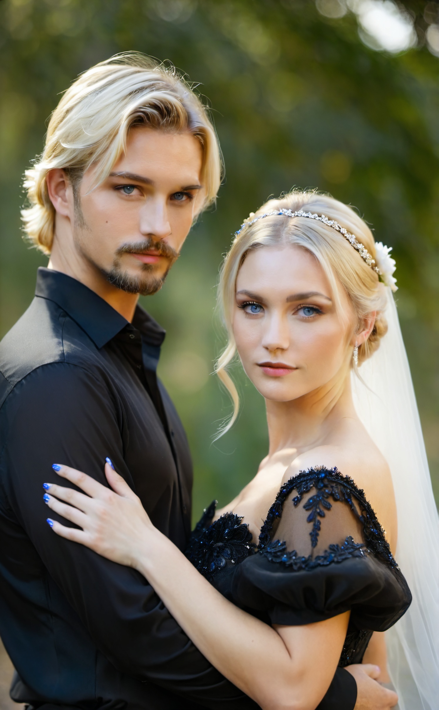 man in black shirt,  woman in wedding dress put hand on other's shoulder,  blonde hair and blue eyes on Tensor.Art