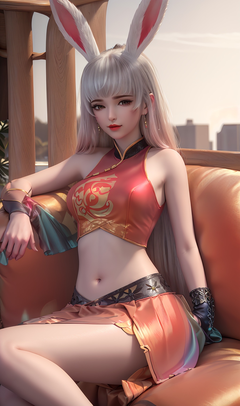 3D,masterpiece,(best quality),(makeup),official art, extremely detailed cg 8k wallpaper,((crystalstexture skin)), (extremely delicate and beautiful),(highly detailed),(1girl), (solo), (jewelry), (earrings),(long_hair),(hair),(hair_ornament),(handwear),(sitting),,(upper_body),((dress,skirt)),(multicolored_clothes),(multicolored_dress),,(collar),,((breasts:1.000),(bangs:1.000),(chinese_clothes),(adapted_costume),((closed_mouth)),(glove:1.000),(animal_ears:0.736),(rabbit_ears:0.759),(traditional_clothes:0.790),,(long_legs),(abdomen),(navel),(sunshine, outdoor,sofa),((looking_at_viewer)),((Facing the camera)),, <lora:hipoly3DModelLora_v10:0.3>