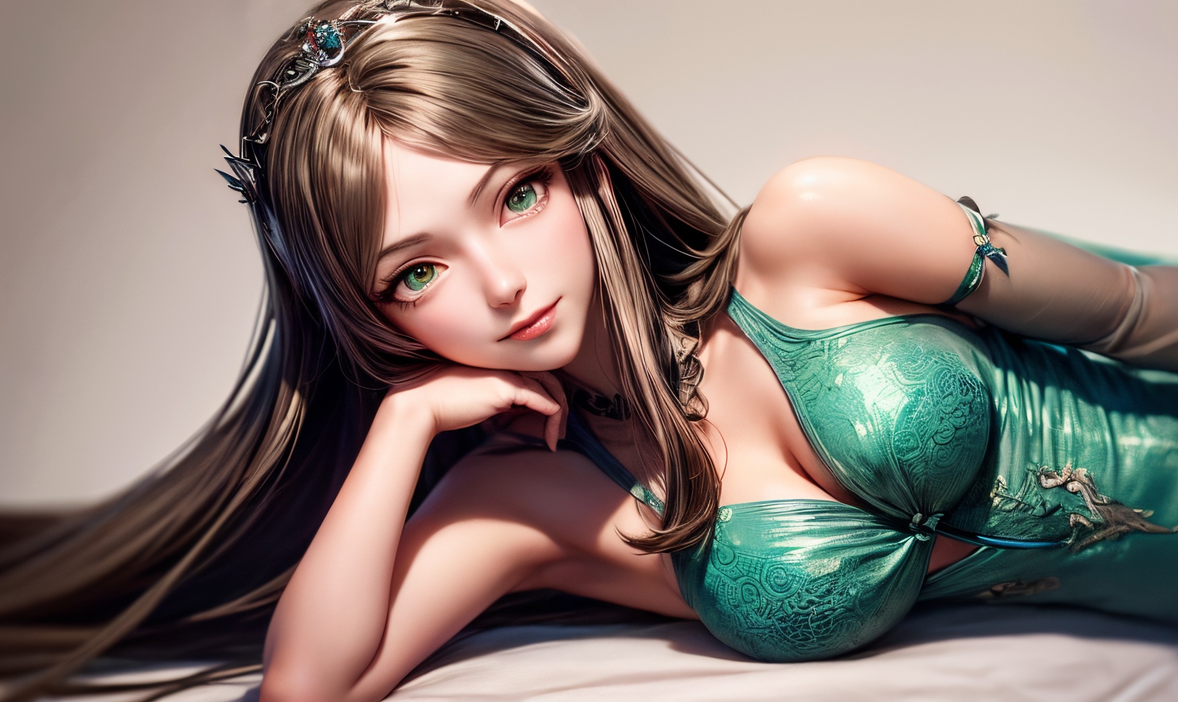 masterpiece,best quality,illustration,anime,looking at viewer,simple gray background,upper_body,ningrongrong,1girl,(mature_female:2),long hair,green eyes,brown hair,looking at viewer,tiara,green dress,solo,medium breasts,jewelry,bangs,parted bangs,<lora:add_detail:1>,<lora:ningrongrong_20240305194830:0.7>,smile,