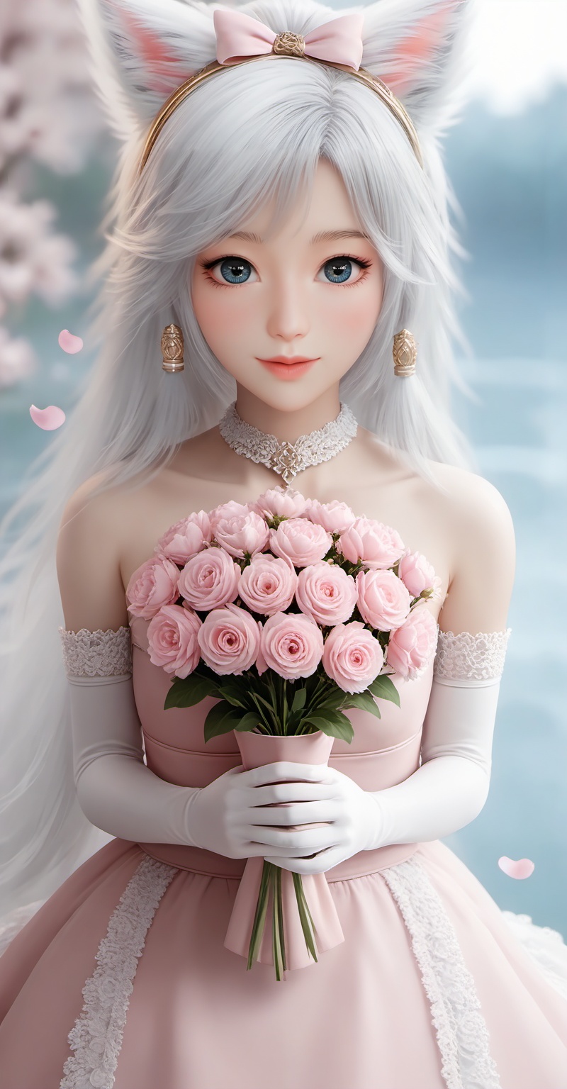 Close-up details,outstanding style,adding a touch of dimension to your images without compromising details,<lora:银月XL:0.8>,yinyue,white hair,fake animal ears,fox_ears,blue eyes,fair_skin,long hair,jewelry,earrings,elbow_gloves,frilled_skirt,holding_bouquet,highres,cherry_blossoms,strapless_dress,white_gloves,looking_at_viewer,red_flower,solo,collarbone,own_hands_together,:d,white_background,backlighting,black_bow,bare_shoulders,frilled_dress,hair_bow,wedding_dress,commentary_request,1girl,petals,simple_background,blush,cowboy_shot,whirls of vapor,iridescent textures,(Anime:1.1),soft neon light,ethereal ambiance,delicate details,magical atmosphere,concept art,highly detailed,ultra-high resolution,32K UHD,sharp focus,best-quality,masterpiece,golden hour,unconventional supreme masterpiece,masterful details,temperate atmosphere,in the style of fashion photography,cover,Dynamic Angle,with a high-end texture,Dynamic posture,
