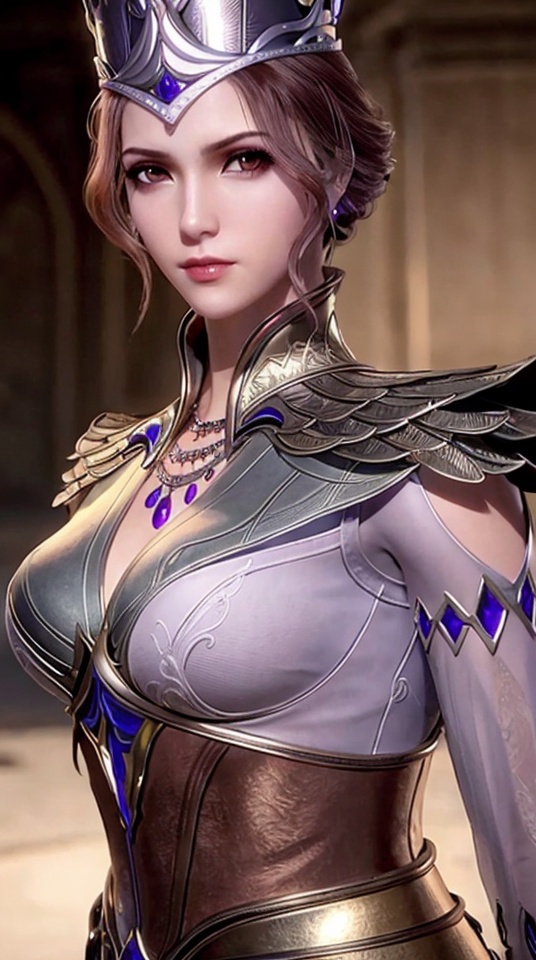 1girl,armor,breasts,brown eyes,earrings,jewelry,lips,crown,looking at viewer,necklace,shoulder armor,simple background,solo,upper body,white background,,<lora:abc456e3c3c5d16d87c41202460da1b2e580b0b249ec1a375e6c541aa3df75a3:0.7>