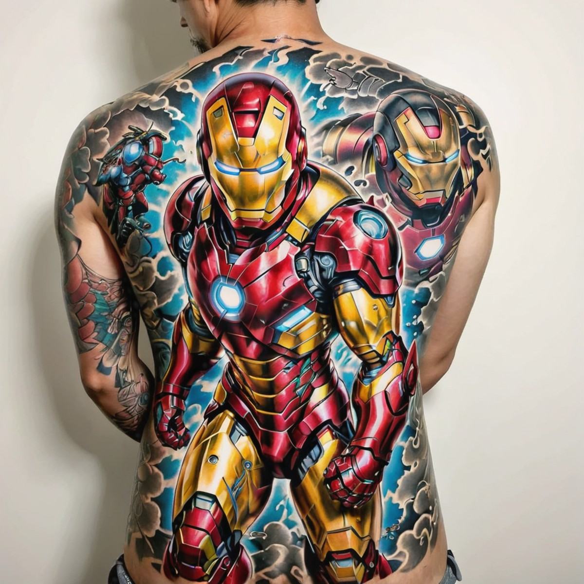 man with a striking tattoo of the ukiyoe style ironman,  ,  ultra-detailed on Tensor.Art