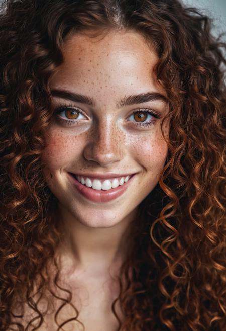 beautiful lady, (freckles), big smile, ruby eyes, long curly hair, dark makeup, hyperdetailed photography, soft light, head and shoulders portrait, cover