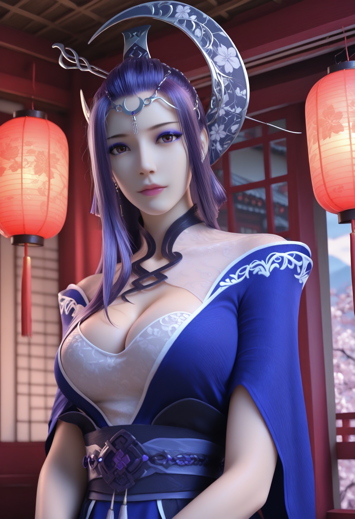 Yue_ji,1girl,purple hair,long hair,looking at viewer,circlet,cleavage,ring,large breasts,makeup,bracelet,jewelry,bare legs,anklet,earrings,blue dress,cape,chinese clothes,backless outfit,cleavage cutout,photorealistic,hyperrealistic,<lora:realistic filter [IL]:1>,looking at viewer,<lora:Yue_ji_10_illu-000004:0.75>,standing,(upper body:1.2),close up,head shotlantern,open window,looking at viewer,indoors,mountains,blossoms,flowers,east asian architecture,beautiful sunrise,warm ambient temperature,