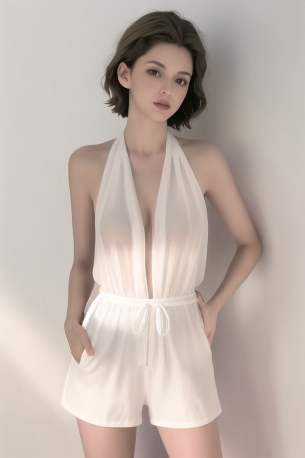 standing,portrait, <lora:wb_20240528023419-000015:0.9>,short hair,Hands on waist,white_background,