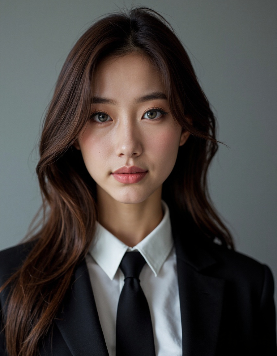 film grain, realistic, photorealistic, This is a  beautiful photograph of a woman, solo, realistic, necktie, brown hair, shirt, suit, looking at viewer, formal, grey background, simple background, long hair, white shirt, collared shirt, lips, black necktie, grey eyes