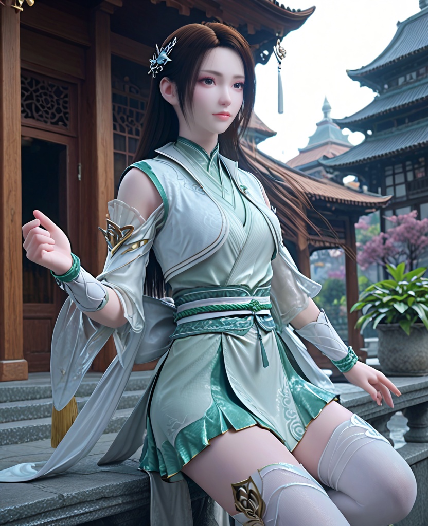 (oriental architecture, elegant decor, sophisticated style:1.1),(Balancing on one foot with the other leg extended, forming a graceful line,:1.1),looking at viewer,(breasts:1.2),<lora:XL斗破苍穹斗皇纳兰嫣然:0.95>,miss yanran,aloes green dress,vest,sash,aloes green overskirt,green miniskirt,brown eyes,black hair,long hair,hair ornament,wristband,white thighhighs,, score_9,score_8_up,score_7_up,score_6_up,score_5_up,score_4_up,3d rendering,tag1,tag2, Cinematic Lighting,backlighting,, zPDXL3, zPDXL2,zPDXL, zPDXLxxx, zPDXLrl,