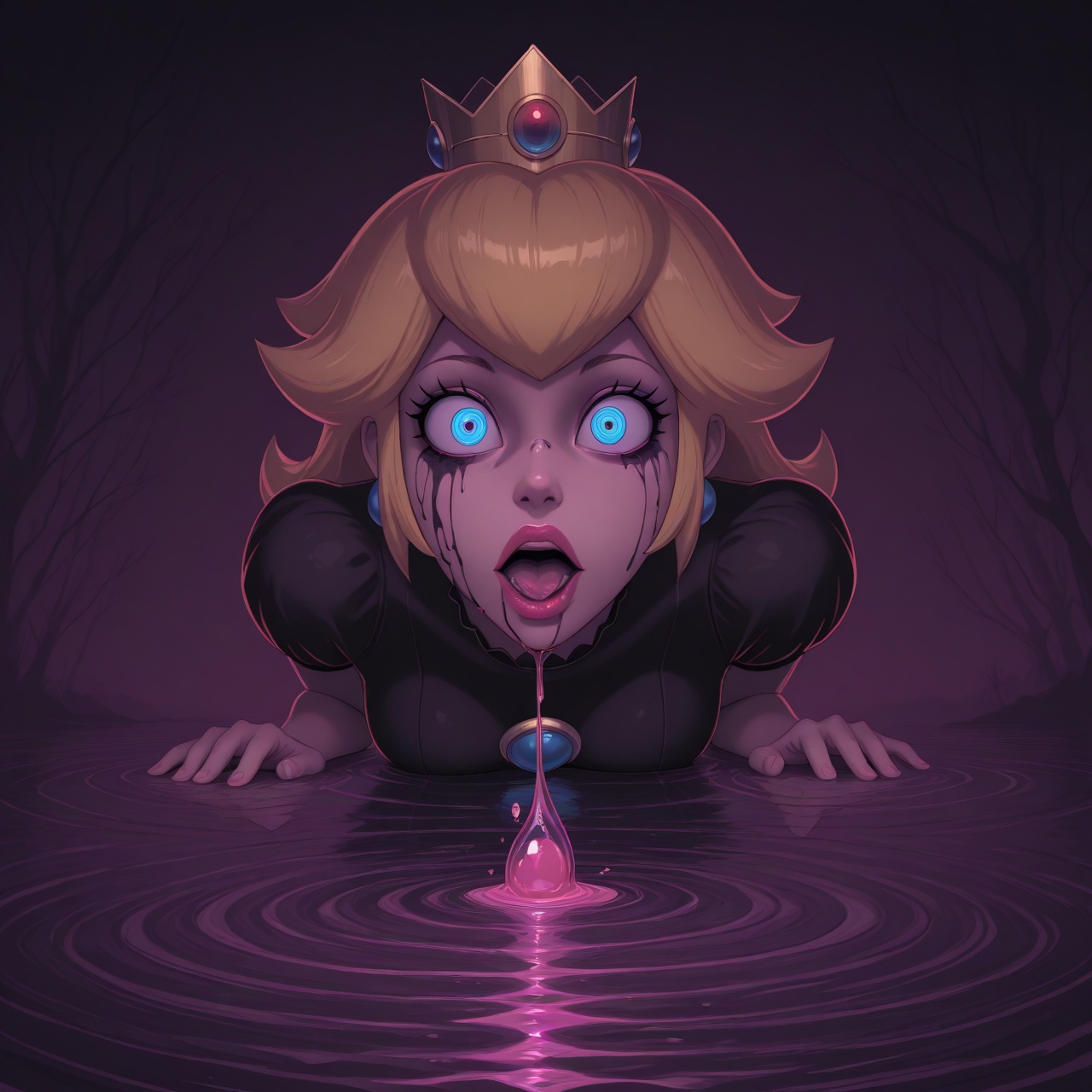 mono psychedelic horror portrait of Princess Peach,  mono psychedelic horror portrait,  tightly framed character-centered...