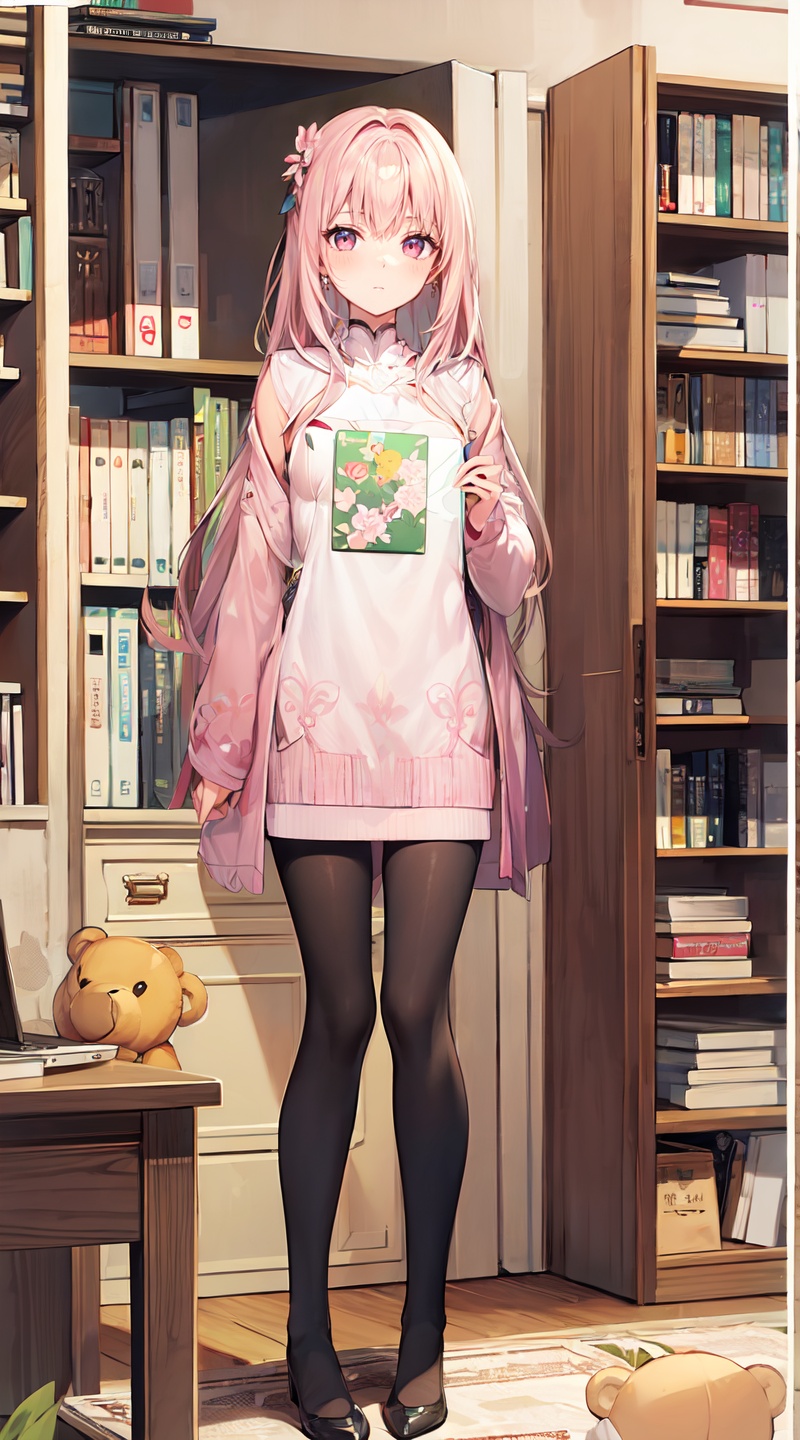 appearing on camera above the thighs,panorama,side light shining on the face,<lora:YLT-智能全身调节工具-_一键红唇,瘦脸,长腿,瘦腰,美胯_v1.0:1.5>,((cozy bedroom)) with ((pink wall)) and a ((white curtain)),((bed)) with a ((floral quilt)) and a ((teddy bear)),((desk)) with a ((laptop)) and a ((lamp)),((bookshelf)) with some ((books)) and a ((plant)),((closet)) with some ((clothes)) and a ((mirror)),((rug)) on the floor and a ((poster)) on the wall,