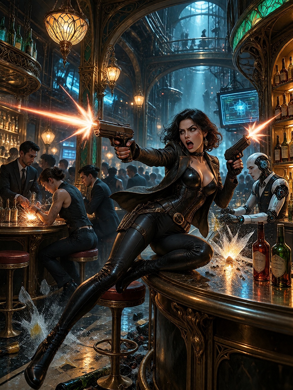 A frantic shootout inside an underground cyberpunk speakeasy,  a sharp-dressed woman firing two compact futuristic pistols...