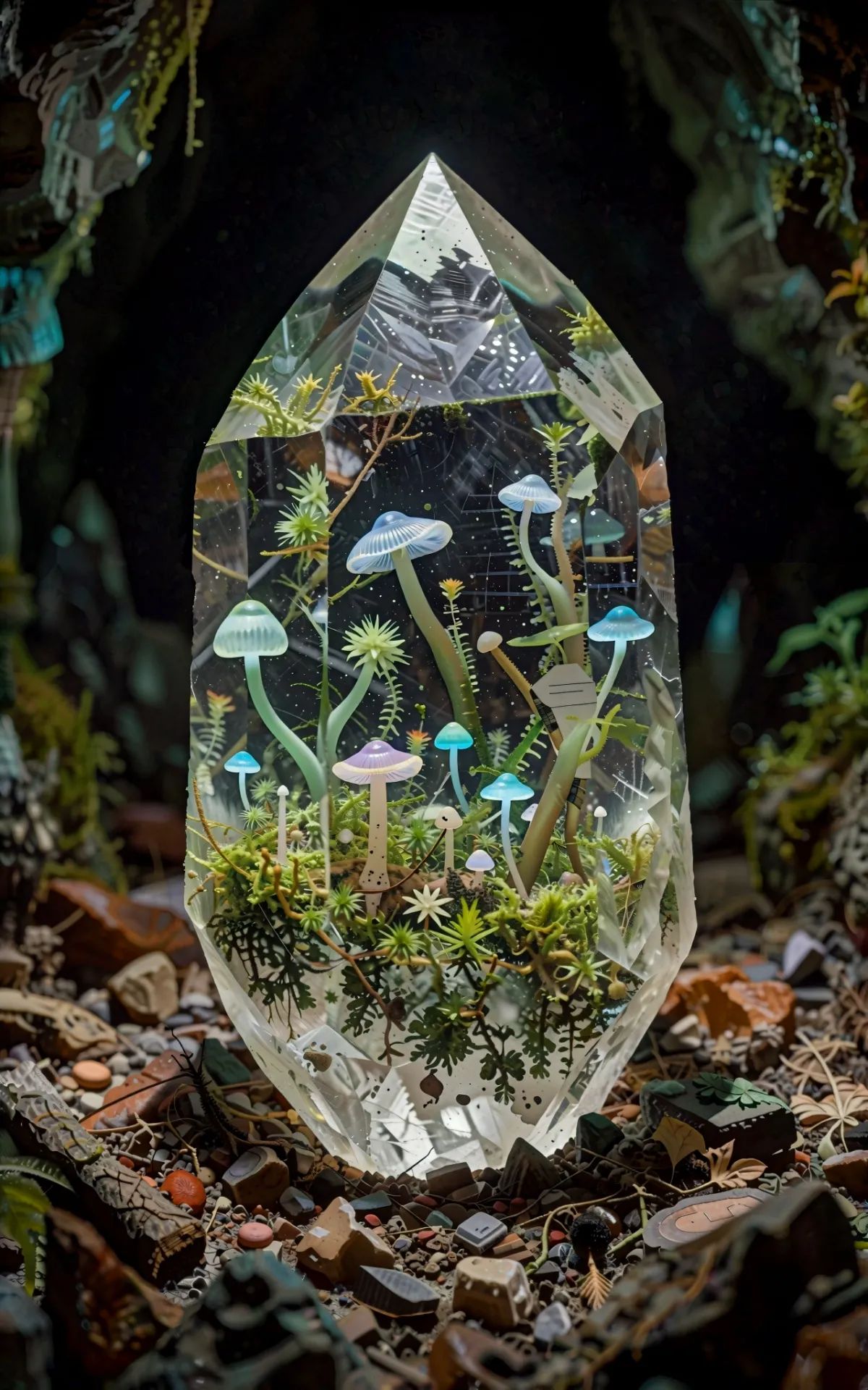 A quartz crystal in the cave,  filled with moss,  glowing mushrooms and debris. on Tensor.Art