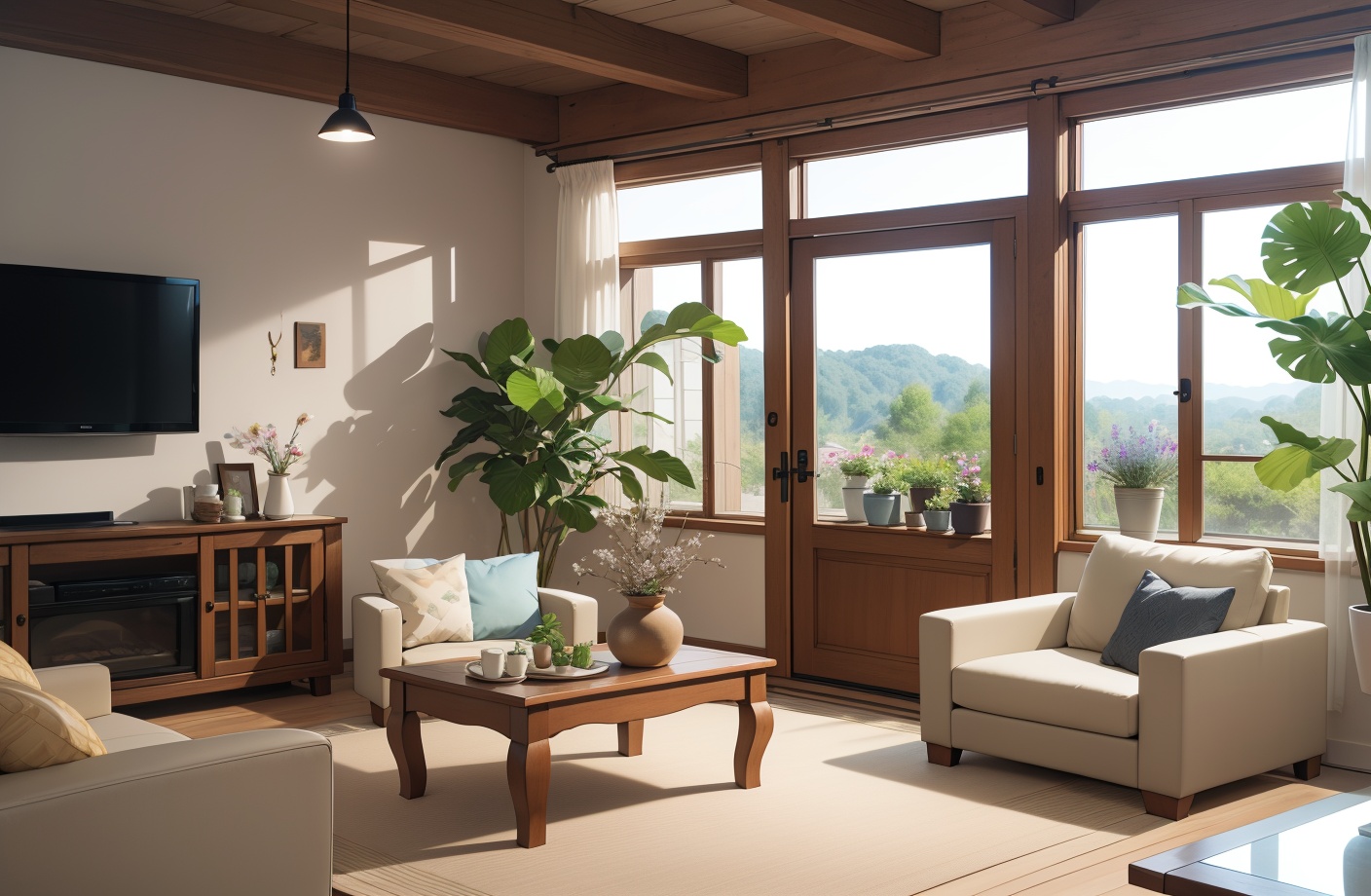 livingroom, jinchou, no humans, scenery, plant, couch, table, indoors, food, fruit, pillow, chair, television, plate, window, flower pot, carpet, flower, potted plant, shelf, vase