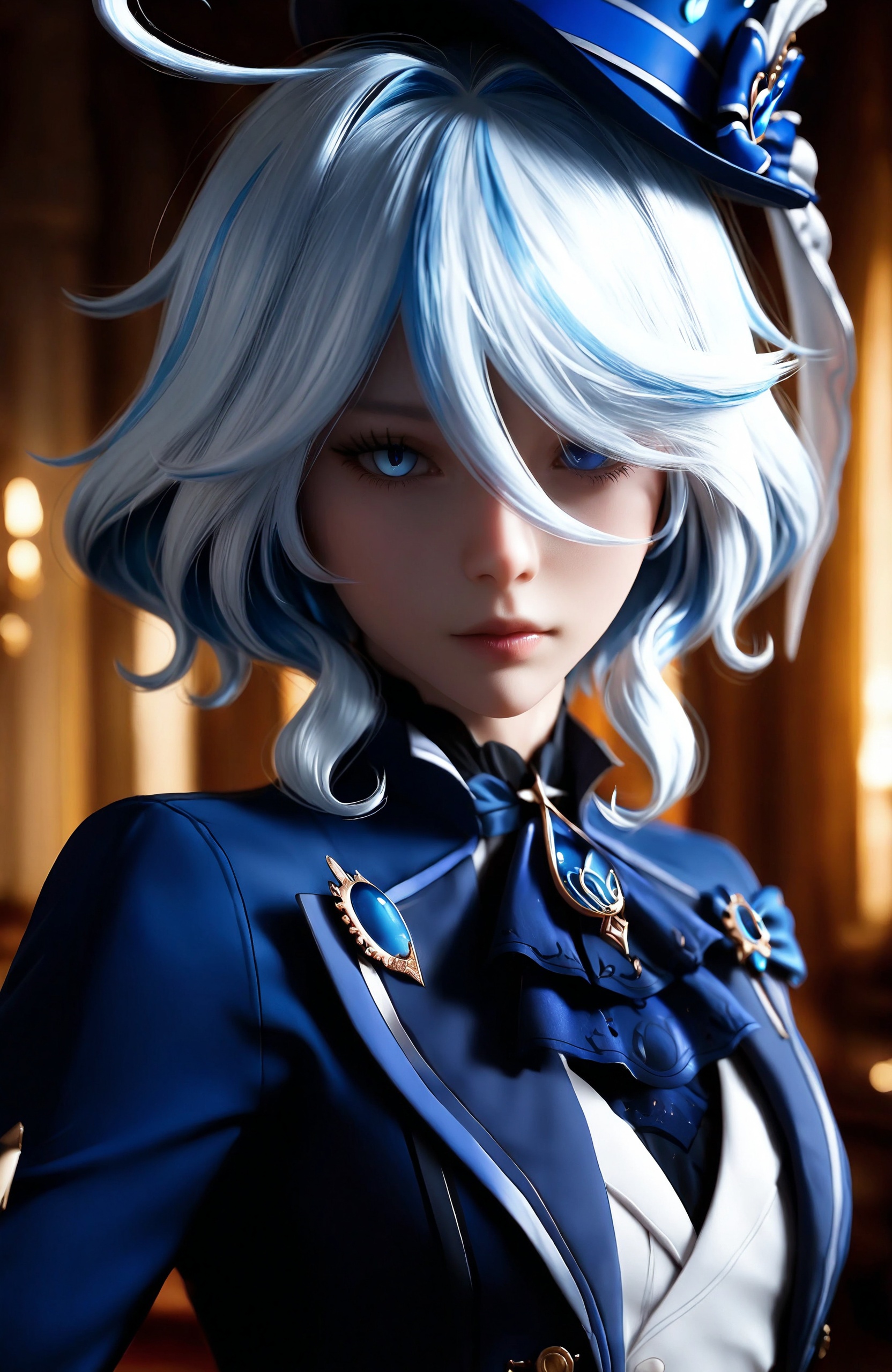 anime 1 girl,  Furina . night,fantasy.. Ultra-detailed  masterpiece,PHOTO,REALISTIC photo,COSPLAY PHOTO,dynamic pose ,shading and cinematic lighting,edge lighting casts soft shadows on ,depth of field,super-detailed,atmosphere,Ultra HD,aesthetics,perfect anatomy,jewelry details,volumetric fog effects.,