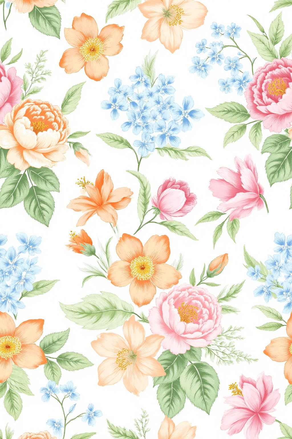 Printed pattern,Create a seamless watercolor - style floral pattern. Feature a variety of colorful flowers in shades of peach,pink,blue,and orange,with large green leaves. The flowers are arranged in a repeating,overlapping pattern on a white background. The style is vibrant,artistic,and has a soft,hand - painted watercolor aesthetic.,