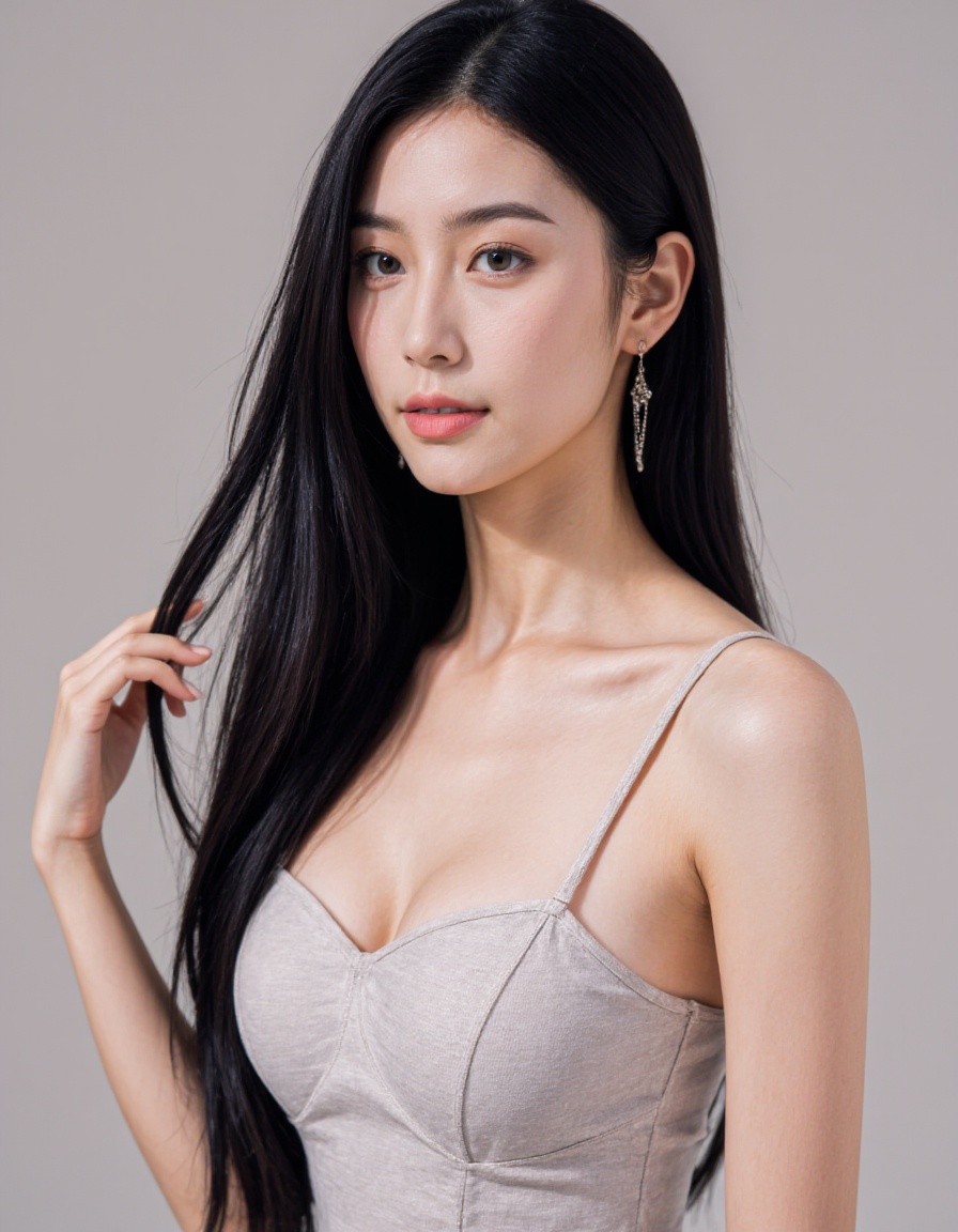 realistic, photorealistic, upper body, 1girl, solo, black hair, long hair, dress, jewelry, earrings,  looking at viewer,