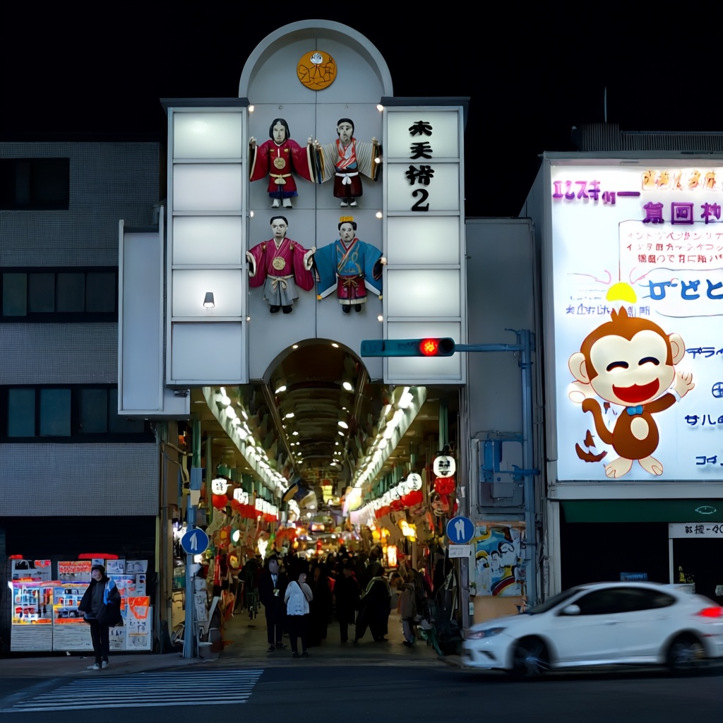 An illuminated entrance to the Tenjinbashi-suji shopping street arcade is captured at night,  presenting a vivid urban sce...