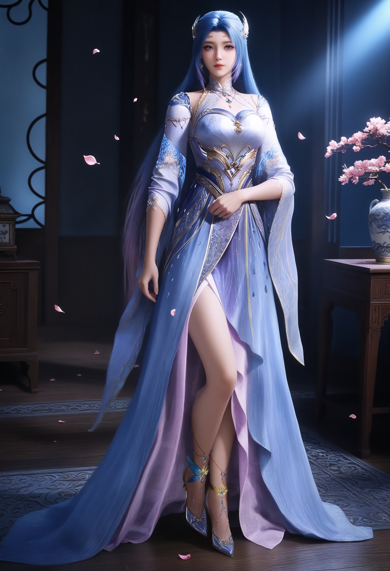 masterpiece,best quality,amazing quality,very aesthetic,high resolution,ultra-detailed,absurdres,scenery,photorealistic,(looking at viewer:1.1),(Dark room:1.3),(moody lighting:1.1),peach blossom,falling petals,(large breasts:0.8),tangwutong,1girl,solo,long hair,hair ornament,blue eyes,jewelry,dress,earrings,detached sleeves,high heels,necklace,anklet BREAK photorealistic details,<lora:QQSilltangwutongV1:0.8>,