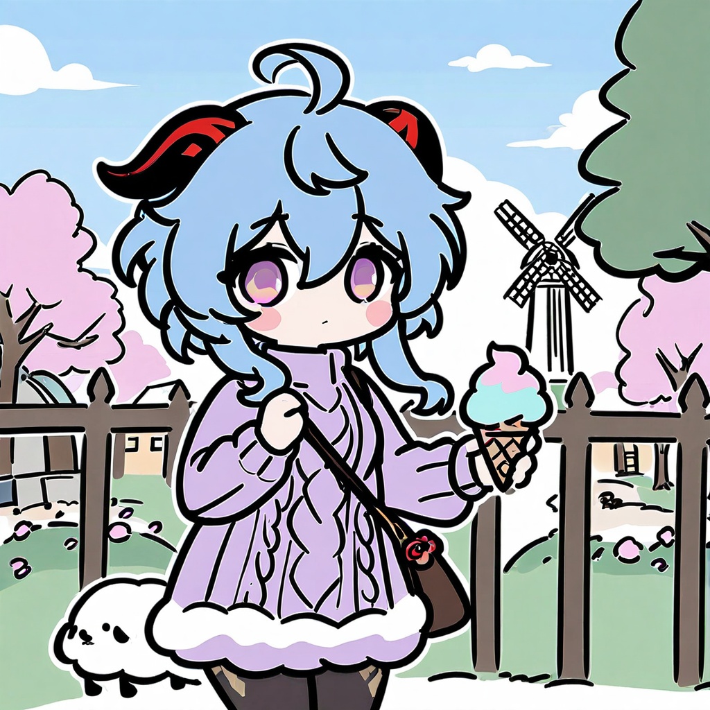 <lora:flat-color-style_A3.1_XL:0.8>,flat-color-style, chibi, 1girl, ganyu \(genshin impact\), solo, outdoors, long hair, goat horns, ice cream, horns, flower, purple eyes, blue hair, sweater, petals, looking at viewer, pantyhose, food, bag, turtleneck, ahoge, bangs, blush, windmill, purple flower, sheep, turtleneck sweater, holding, fence, breasts, cloud, day, long sleeves, sky, handbag, shoulder bag, building, falling petals, cowboy shot, closed mouth, floating hair, dress, animal, black pantyhose, purple sweater, hair between eyes, pink flower, medium breasts, standing, sidelocks, cable knit, blue sky, tree, holding food