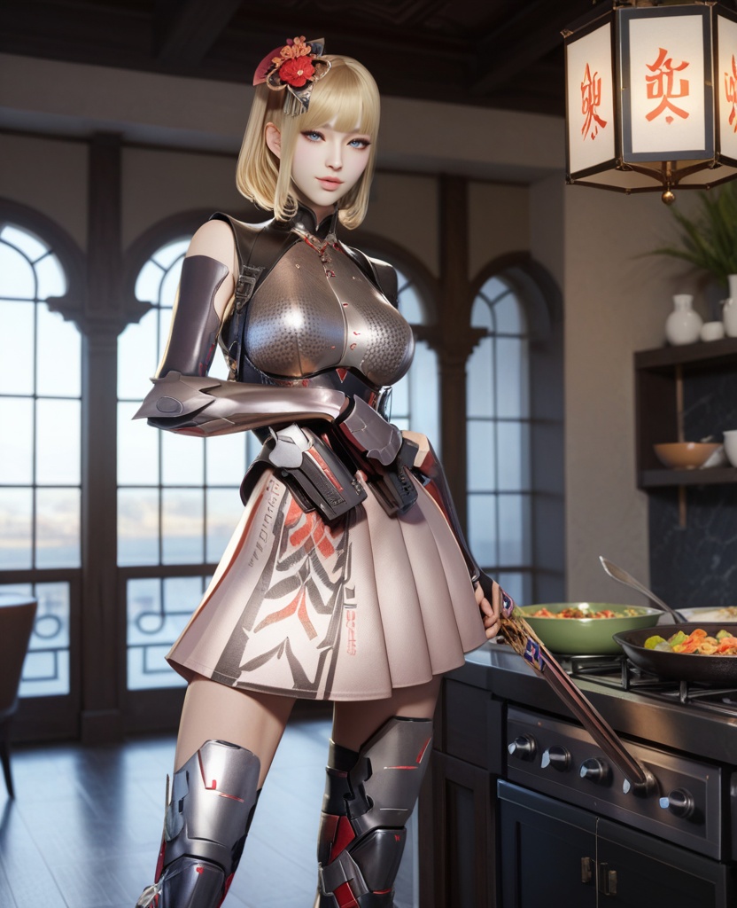 (oriental architecture, elegant decor, sophisticated style:1.1),(cooking:1.1),(large breasts:1.2),<lora:XL穿越火线岚希儿灵魂舞者:0.95>,miss lanxier,chrome-fit battle top,neon pink skirt,blue eyes,blunt bangs,blonde hair,hair flower,black pauldrons,arm guards,armored high-heeled greaves,holstered,, score_9,score_8_up,score_7_up,score_6_up,score_5_up,score_4_up,3d rendering,tag1,tag2, Cinematic Lighting,backlighting,, zPDXL3, zPDXL2,zPDXL, zPDXLxxx, zPDXLrl,
