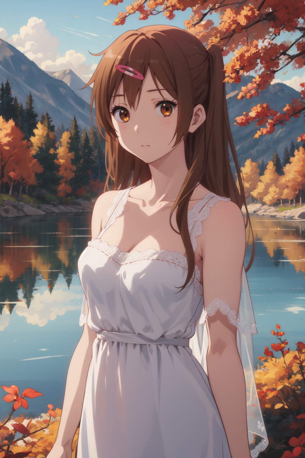 <lora:Shinka-000011:0.8>,Shinka CYQL,1girl,looking at viewer,solo,long hair,brown hair,one side up,brown eyes,hairclip,hair ornament,Strapless maxi dress with a lace overlay,drunk,upper_body,Autumn, Foliage, Lake, Reflection, Mountains, Colors, Serenity, Tranquility,(Wisteria vines, Garden party, Outdoor dining, Floral canopy, Summer celebration, English charm:0.5),beautiful detailed sky,beautiful detailed glow,posing in front of a colorful and dynamic background,masterpiece,best quality,beautiful and aesthetic,contrapposto,female focus,wallpaper,