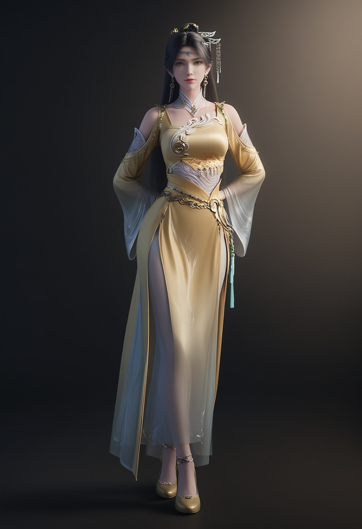 masterpiece,best quality,absurdres,highres,BREAK(glamor:1.1),slender,1girl,solo,<lora:金瓶儿-ill:0.82>,jingpinger,long hair,black hair,hair ornament,earrings,jewelry,green eyes,shoulder cutout,wide sleeves,yellow dress,see-through,anklet,shoes,looking at viewer,front view,standing,arms behind back,BREAKsimple background,black background,rim light,Tyndall effect,Volumetric Lighting,Cinematic Lighting,realistic,depth of field,