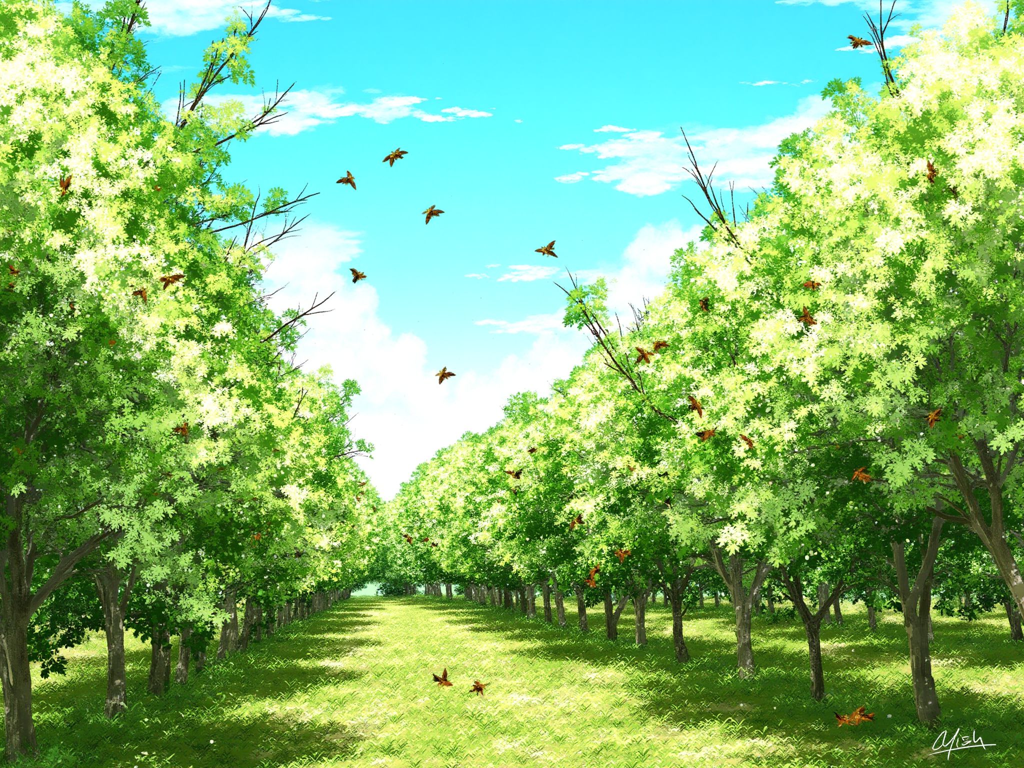 An image of a vibrant, sunlit orchard in full bloom, with rows of fruit trees heavy with blossoms. Bees buzz around the trees, and the scent of flowers fills the air. The sky is a clear, bright blue, and the sunlight dapples the ground through the branches. The scene is one of abundance and the joy of spring <lora:S_BLACKGROUD_:1>