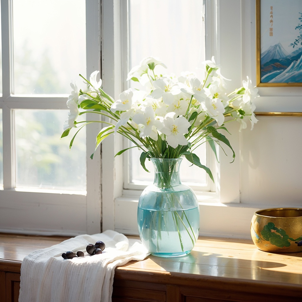 window, (Chinese painting), ((close-up)), white perfume lily, no humans,traditional media,vase, scenery,shadow,still life,leaf,painting,medium,indoors  <lora:窗台:0.8>