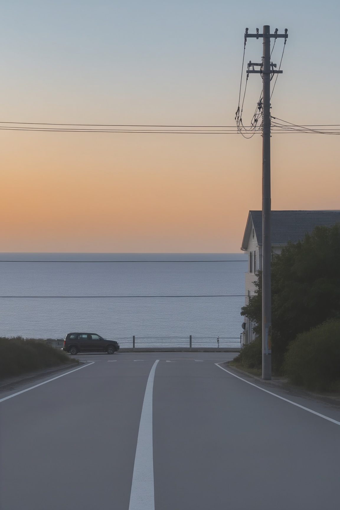 <lora:Anchestreet-V1:0.7>,anchestreet, no humans,  outdoors, ground vehicle, scenery, sky, ocean, road, railing, utility pole