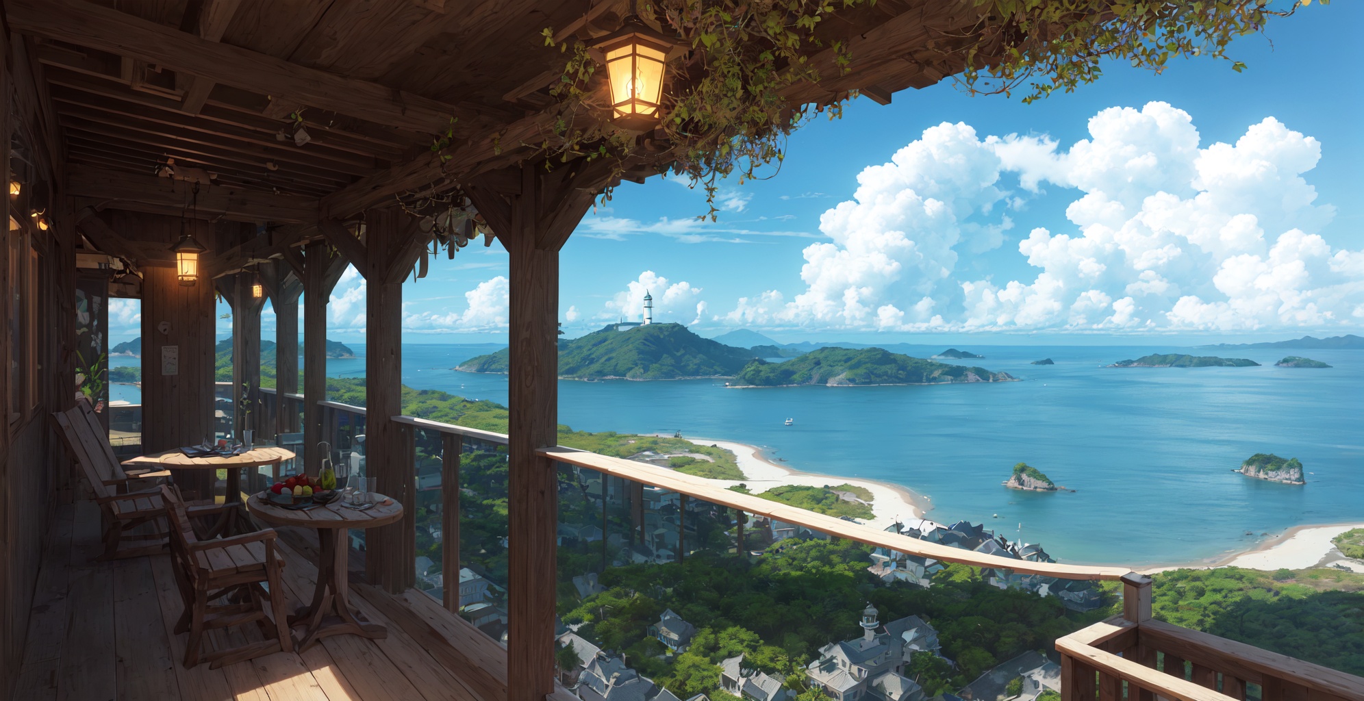 Islands, lighthouses, pirate ships, coconut trees, waves, islands, reefs, grasses, fruits, rainforests，Large perspective, elevated view,(Wide Angle:1.3，masterpiece,best quality.Amazing,atmosphere,epic,3d,8k，depth of field,.