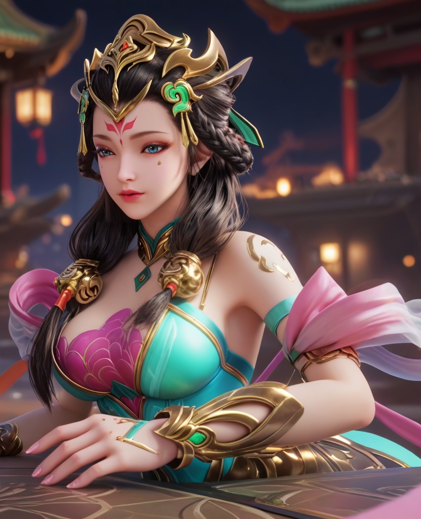 (oriental architecture, elegant decor, sophisticated style:1.1),(writing:1.1),(large breasts:1.2),(veil:1.1),<lora:XL16王者荣耀杨玉环:0.95>,miss yangyuhuan,green stain mermaid evening gown,pink bra,blue eyes,mole under eye,eyeshadow,forehead mark,black hair,long hair,braid,hair ornament,makeup,bare shoulders,pink silk shawl,bracelet,belt,anklet,, score_9,score_8_up,score_7_up,score_6_up,score_5_up,score_4_up,3d rendering,tag1,tag2, Cinematic Lighting,backlighting,, zPDXL3, zPDXL2,zPDXL, zPDXLxxx, zPDXLrl,