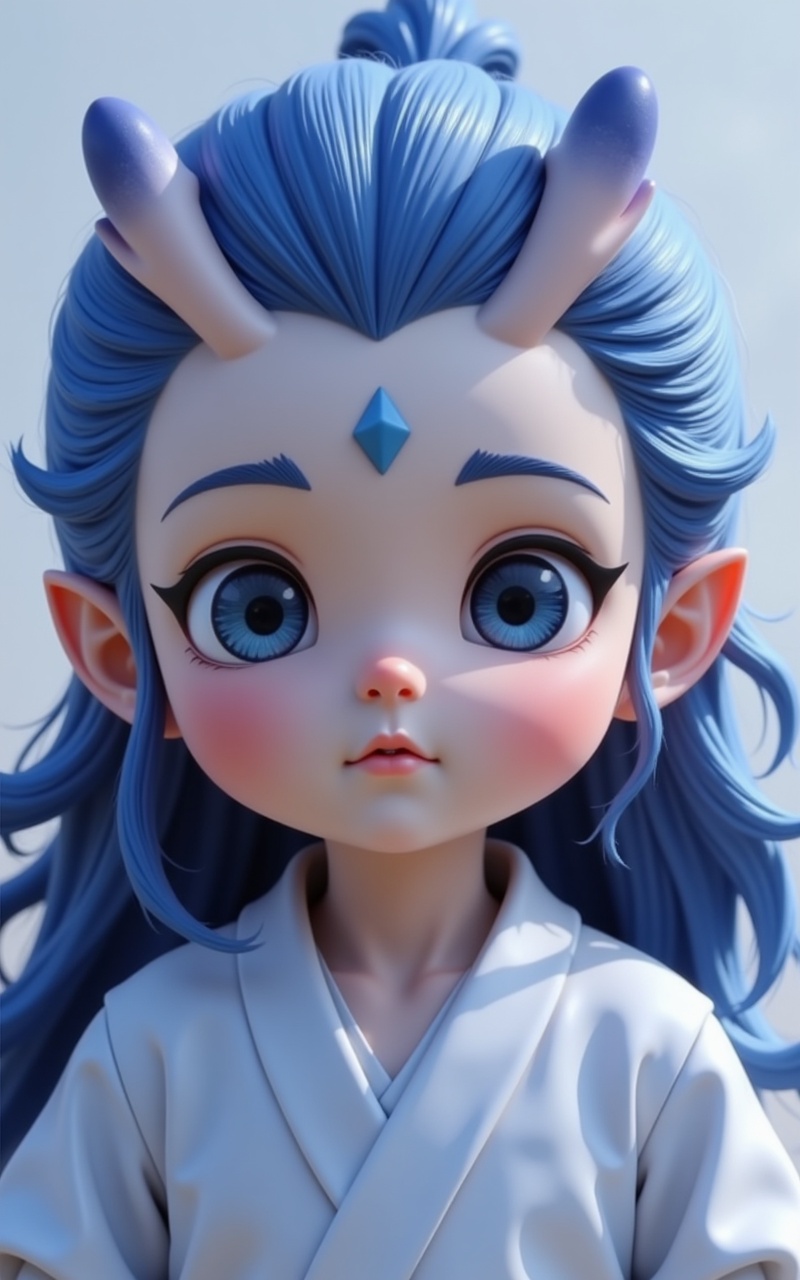<lora:Q版敖丙6:1.4>,aobing,blue eyes,blue hair,pointy ears,horns,long hair,looking at viewer,1boy,solo,full body,child,cover,gradient background,close-up details,outstanding style,adding a touch of dimension to your images without compromising details,close-up,lvjing,baoshi,